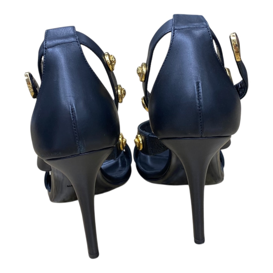 Sandals Luxury Designer By Versace In Black & Gold, Size:6.5