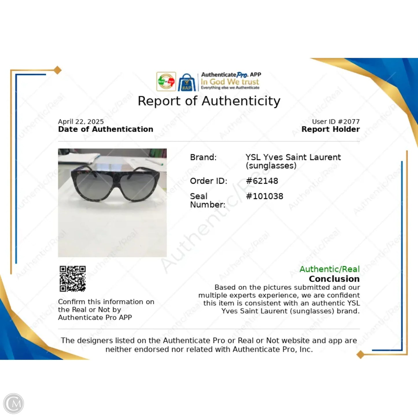 Sunglasses Luxury Designer By Yves Saint Laurent, Size: Medium