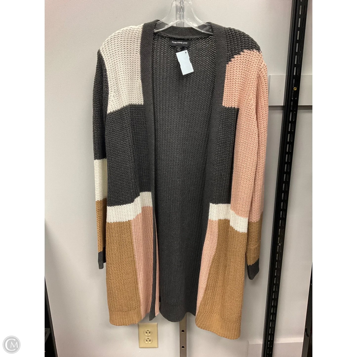 Sweater Cardigan By Fortune & Ivy In Grey & Tan, Size: L