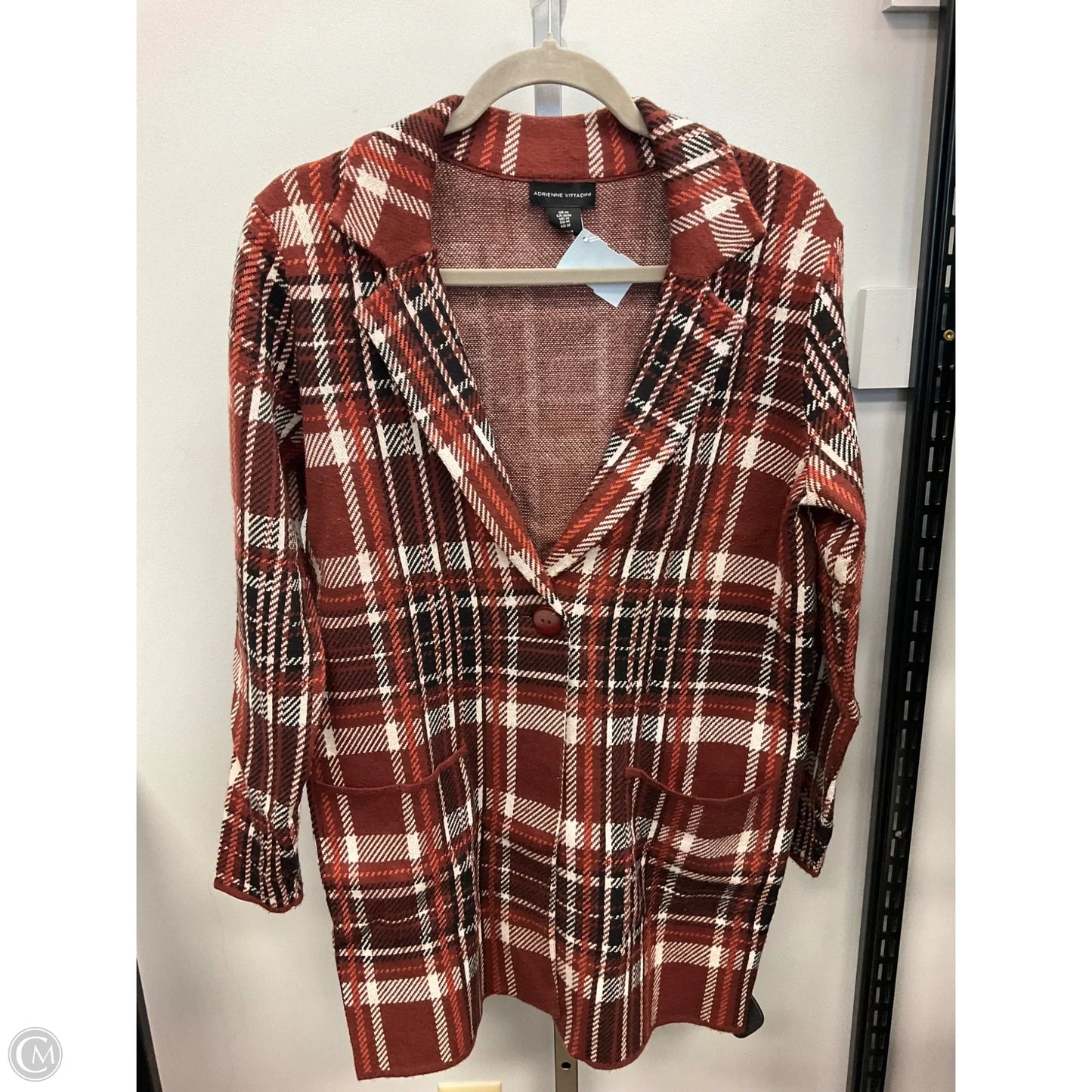 Sweater Cardigan By Adrienne Vittadini In Plaid Pattern, Size: M