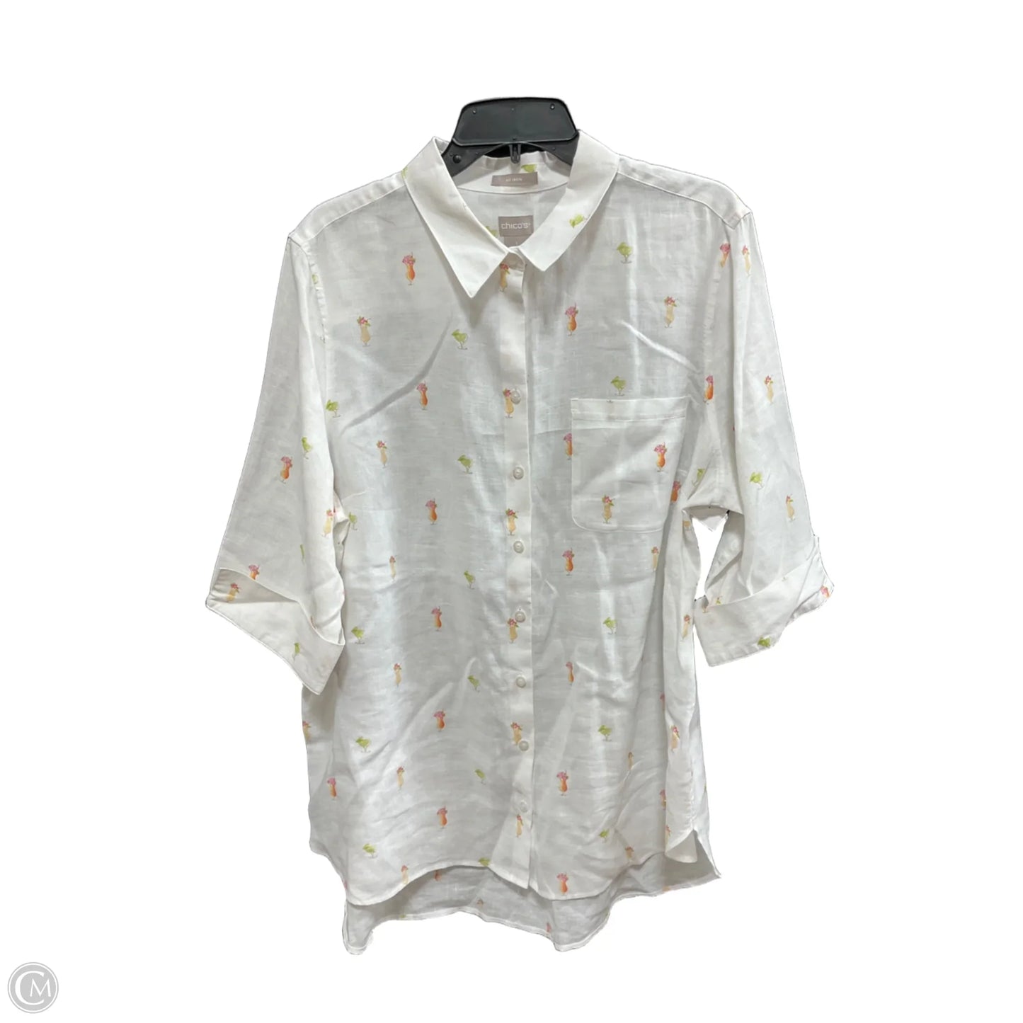 Blouse Long Sleeve By Chicos In White & Yellow, Size: Xl
