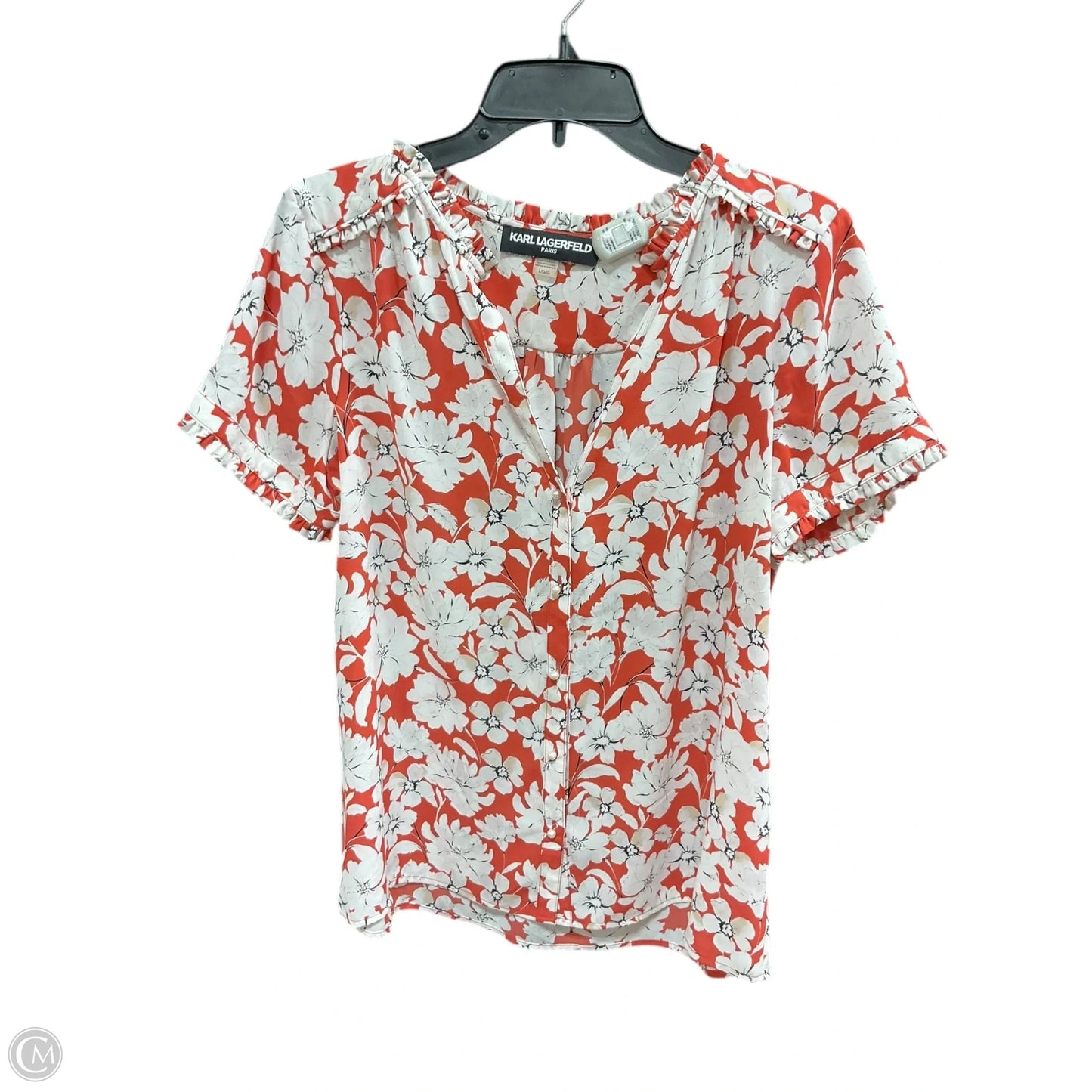 Top Short Sleeve Designer By Karl Lagerfeld In Orange & White, Size: L