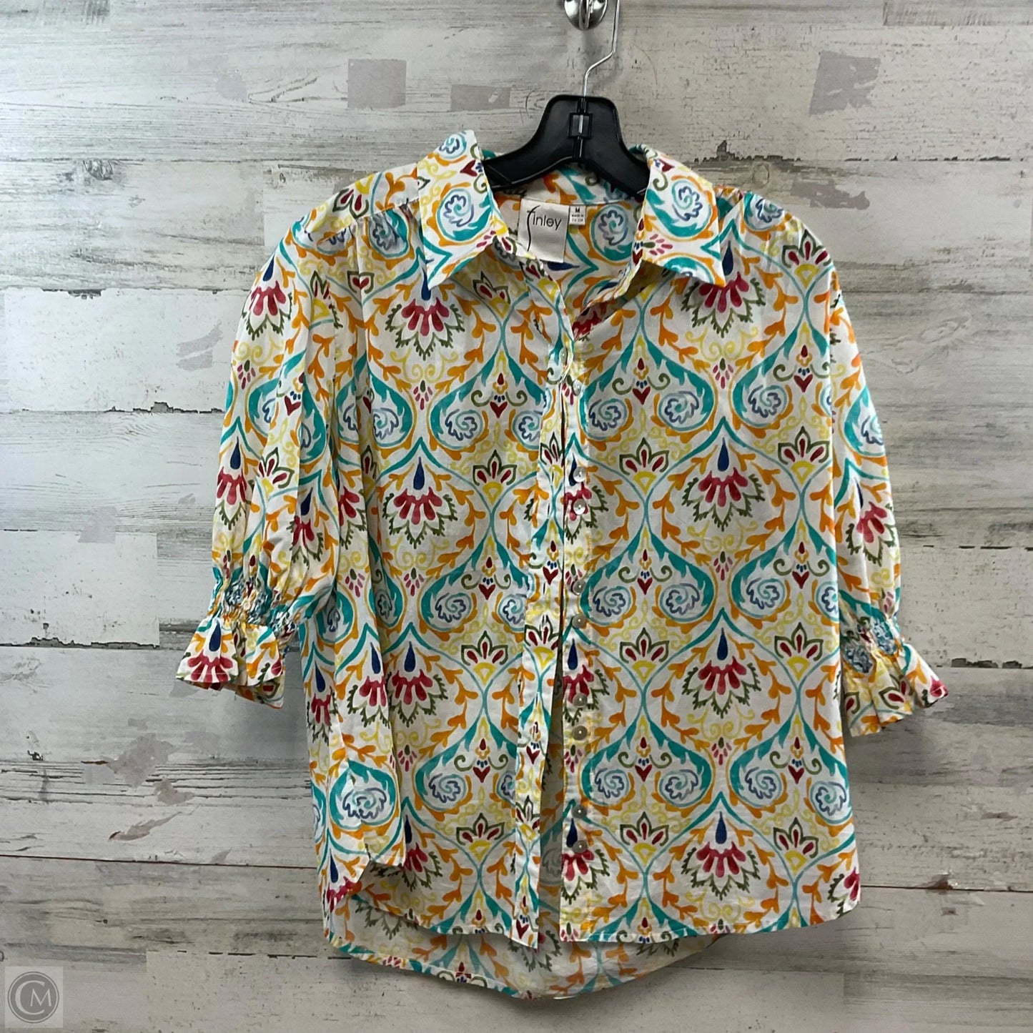 Blouse 3/4 Sleeve By FINLEY In White & Yellow, Size: M