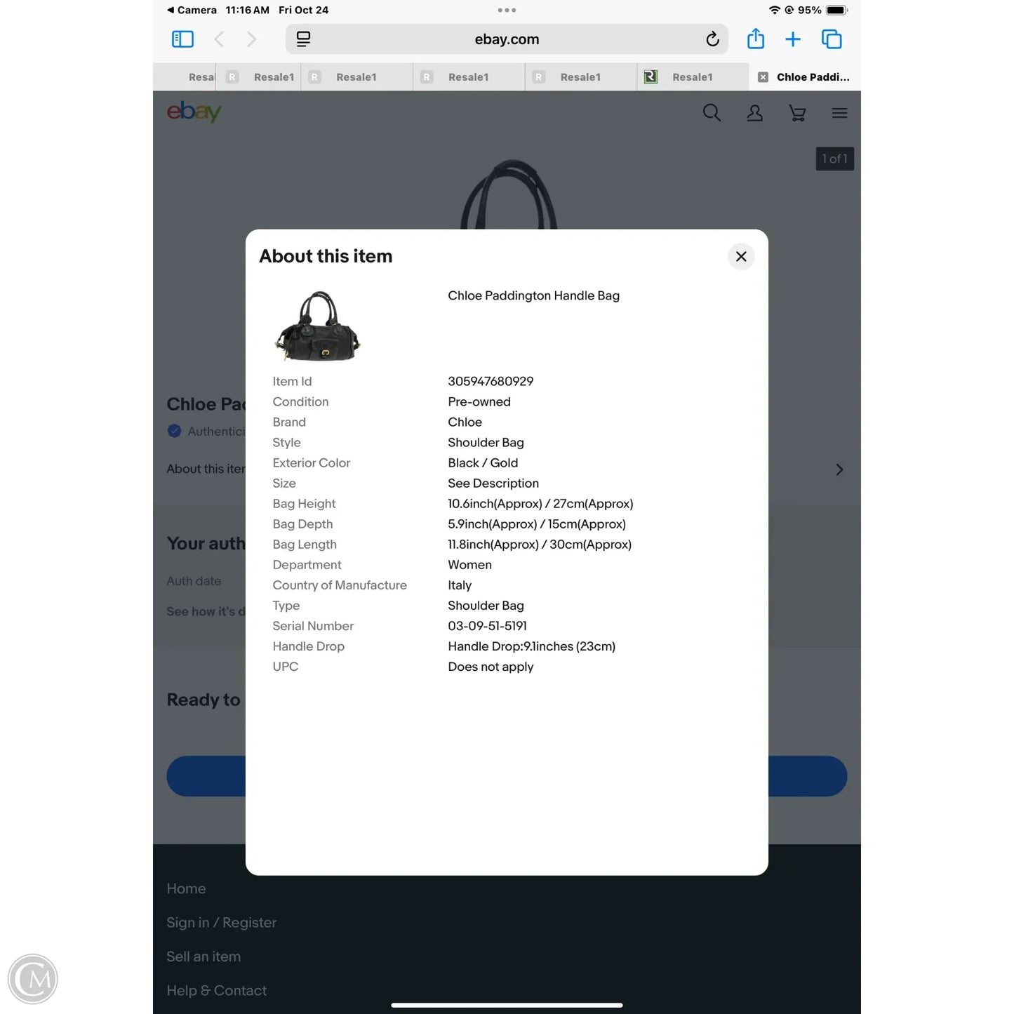Handbag Luxury Designer By Chloe, Size: Large