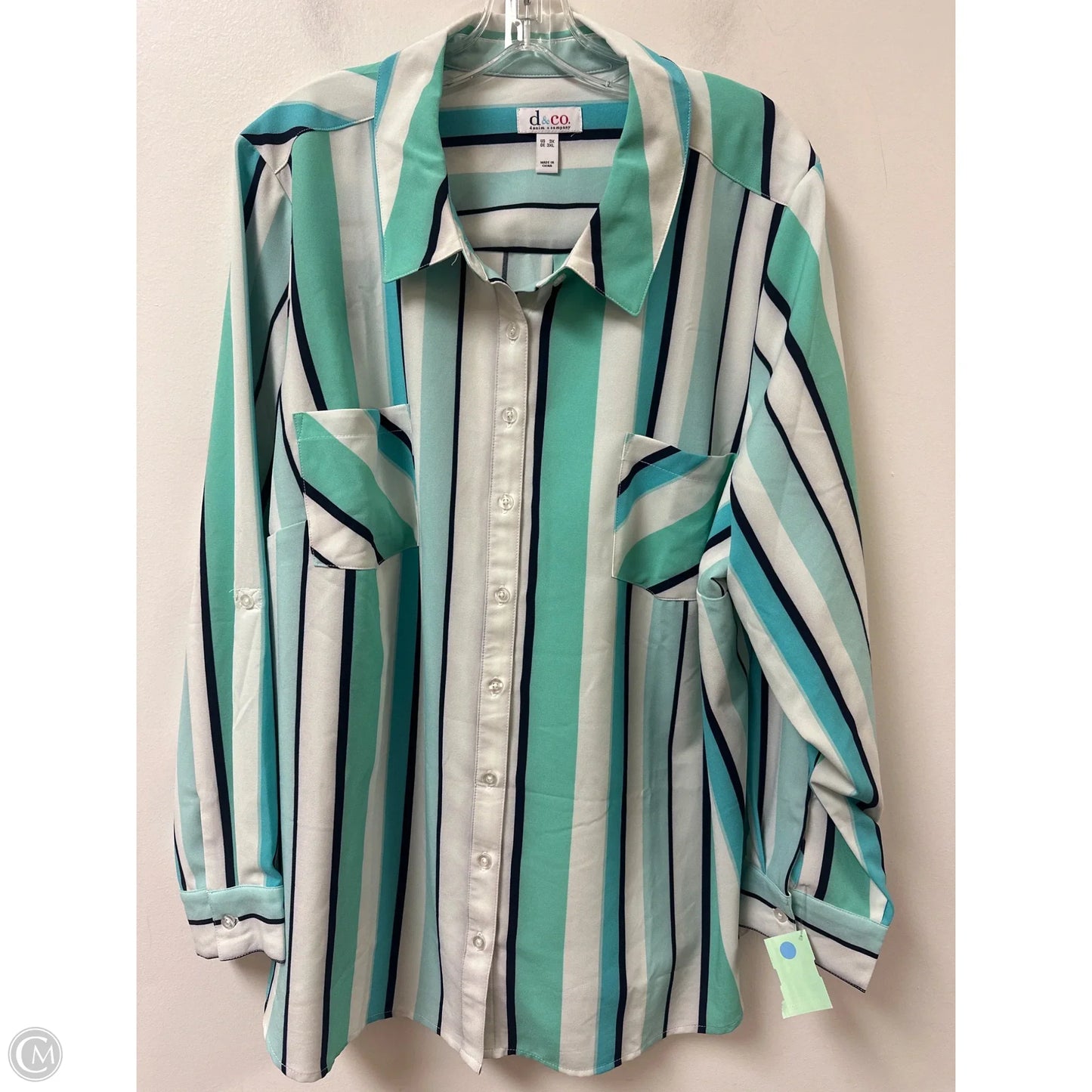 Blouse Long Sleeve By Denim And Company In Blue & Green, Size: 3x