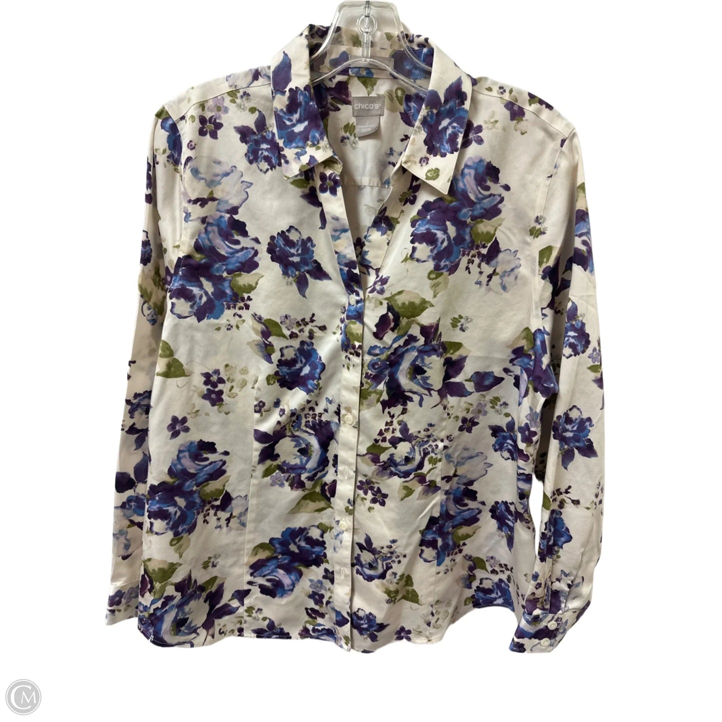 Blouse Long Sleeve By Chicos In Cream & Purple, Size: L