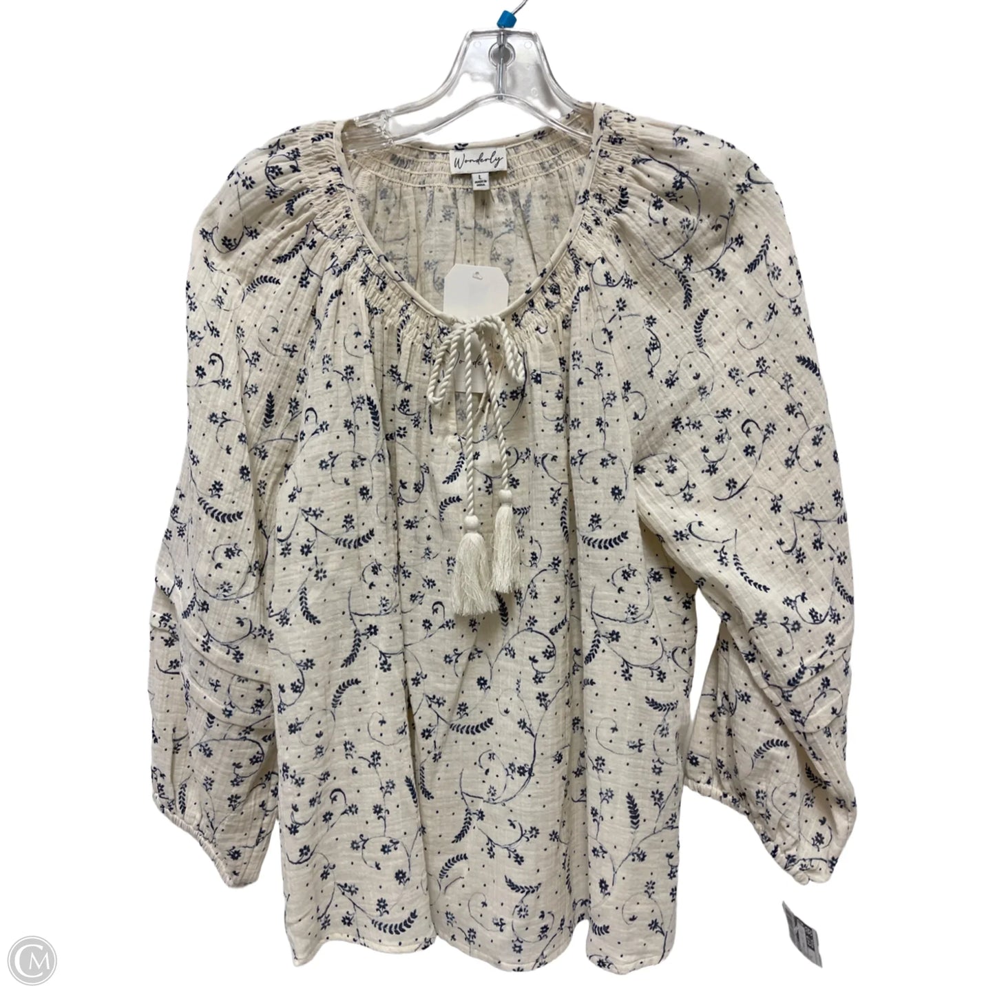 Top Long Sleeve By Wonderly In Blue & Cream, Size: L