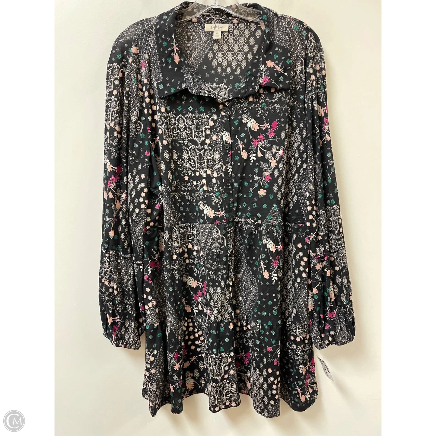 Blouse Long Sleeve By Style And Company In Black & Pink, Size: 1x