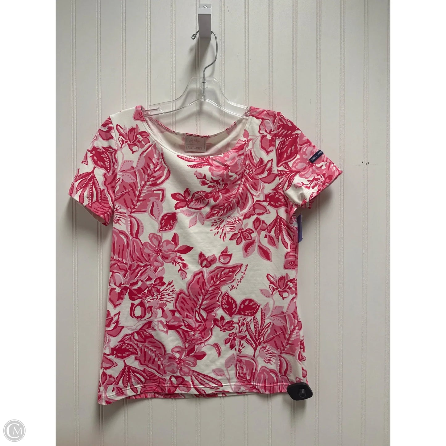 Top Short Sleeve Designer By Lilly Pulitzer In Pink & White, Size: S