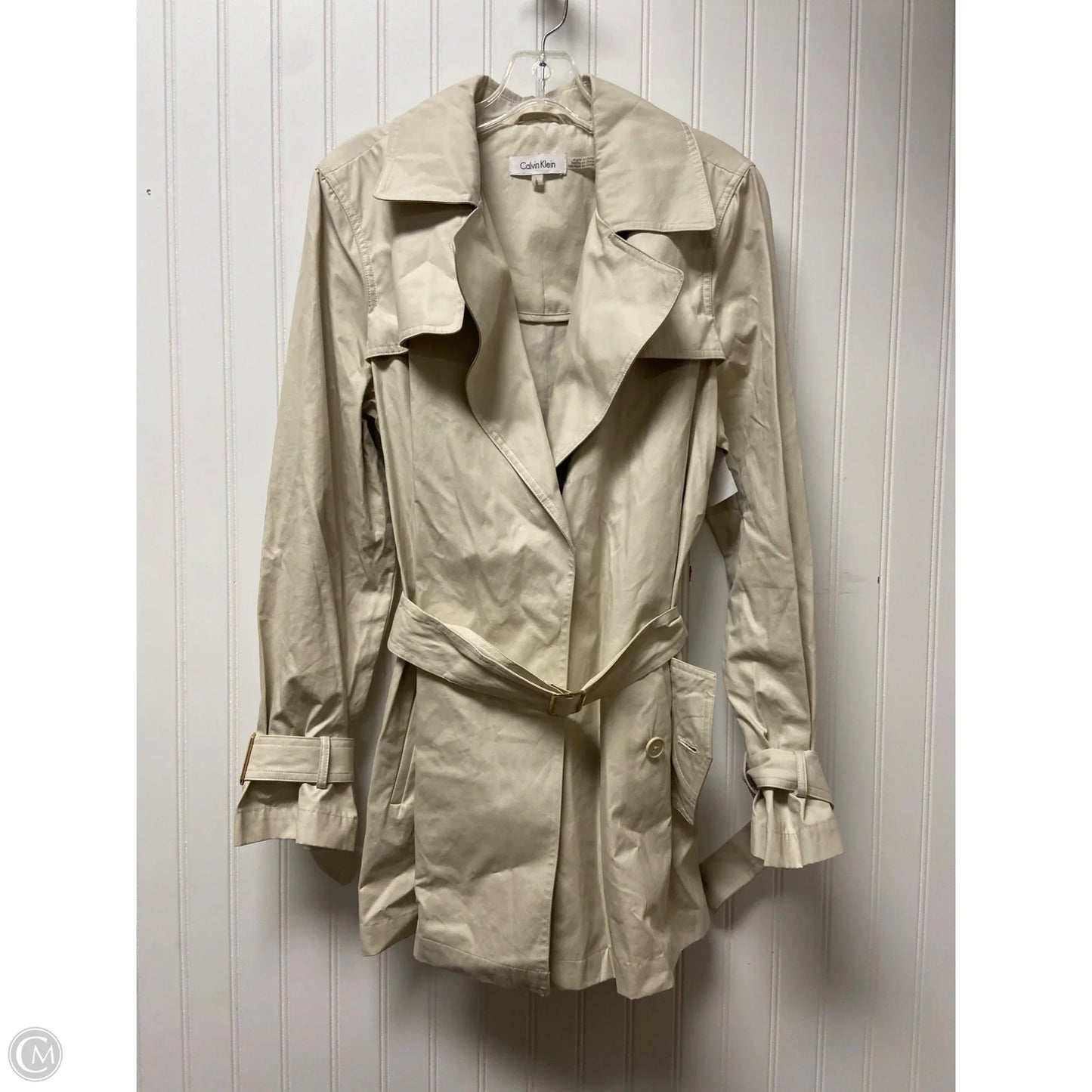 Coat Trench Coat By Calvin Klein In Beige, Size: L