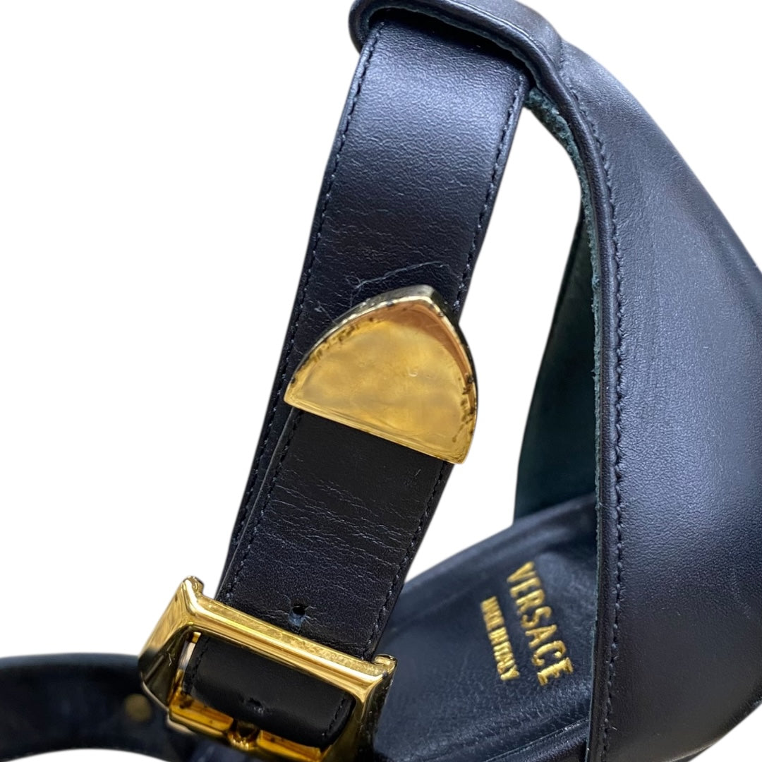 Sandals Luxury Designer By Versace In Black & Gold, Size:6.5