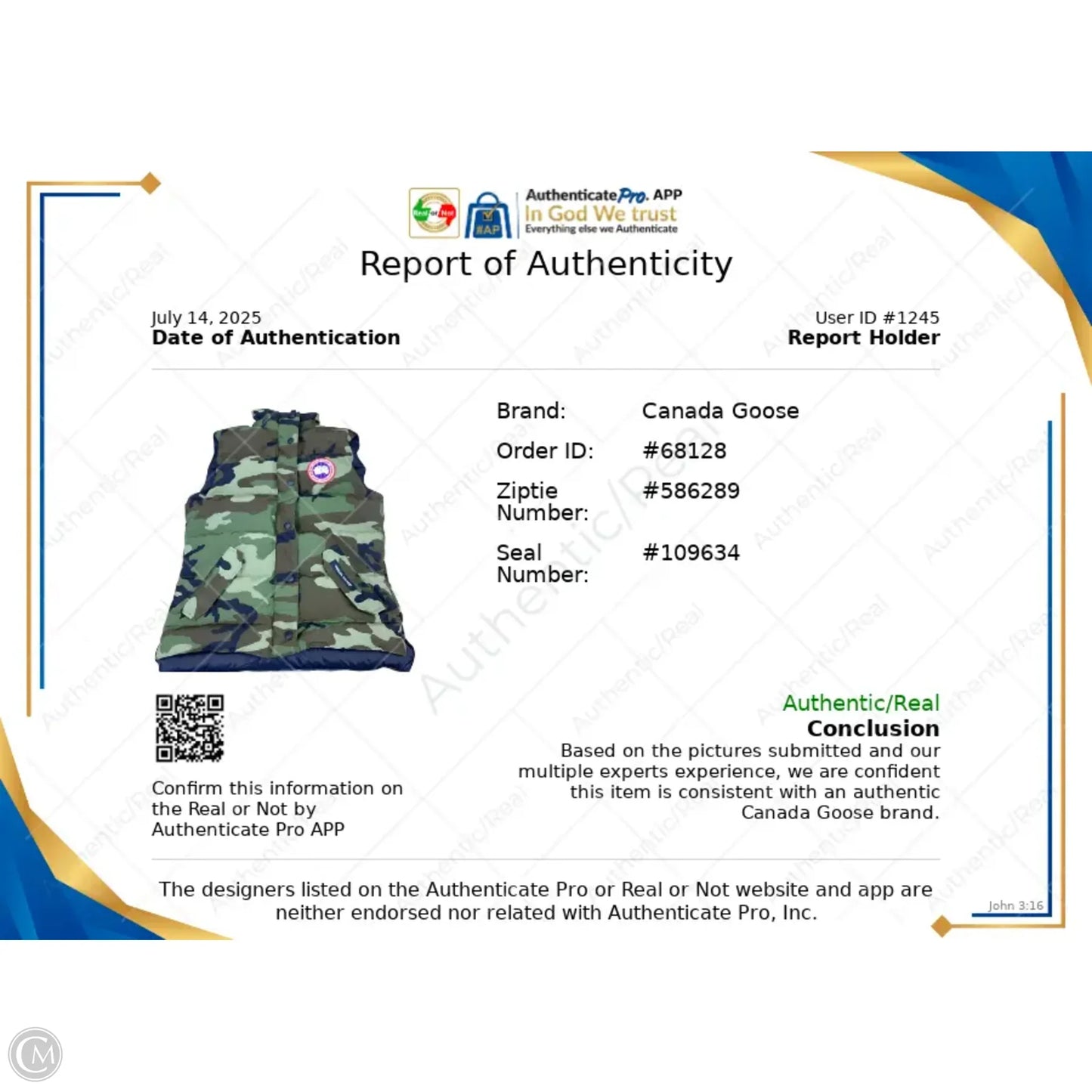 Vest Luxury Designer By Canada Goose In Camouflage Print, Size: S