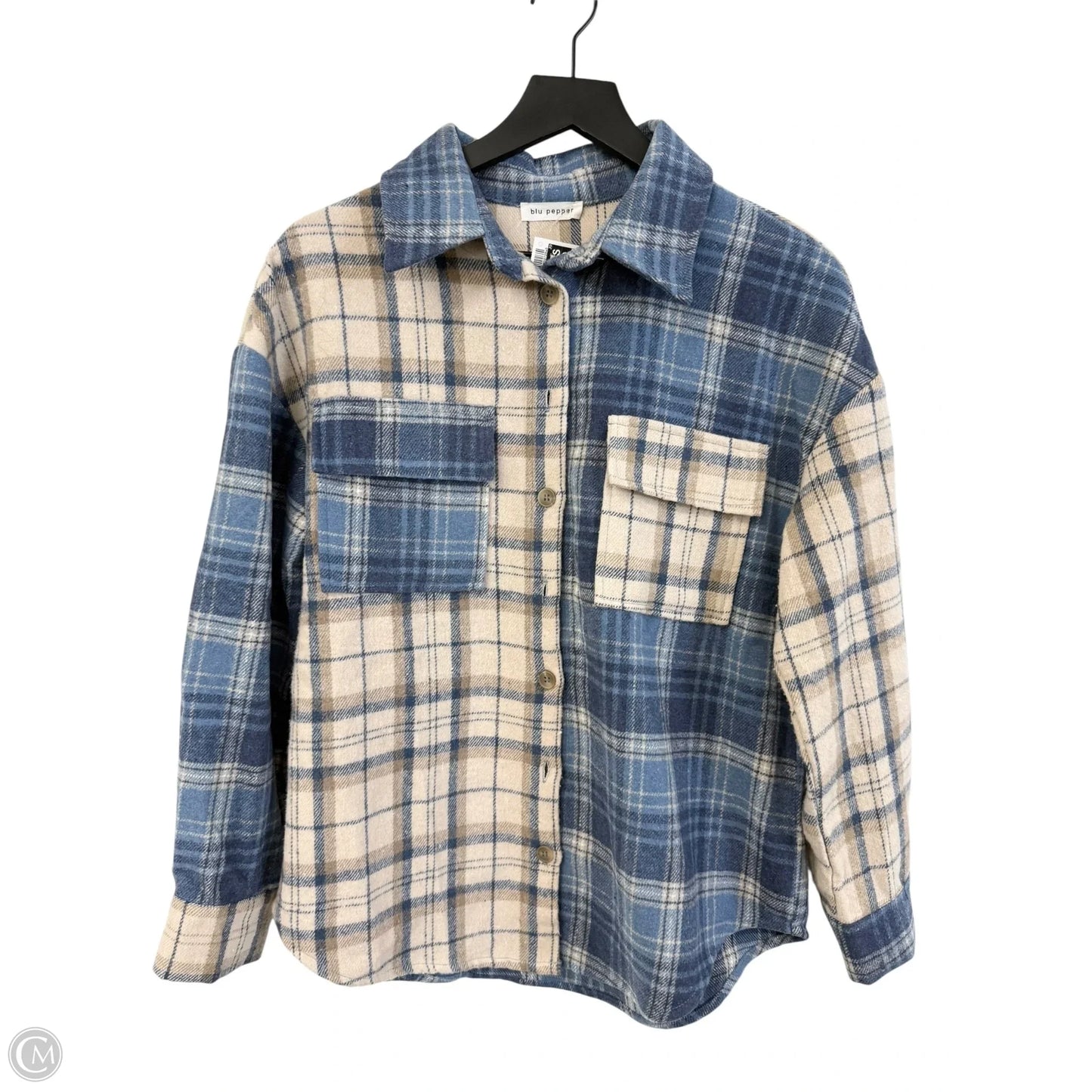 Jacket Shirt By Blu Pepper In Blue & Tan, Size: S