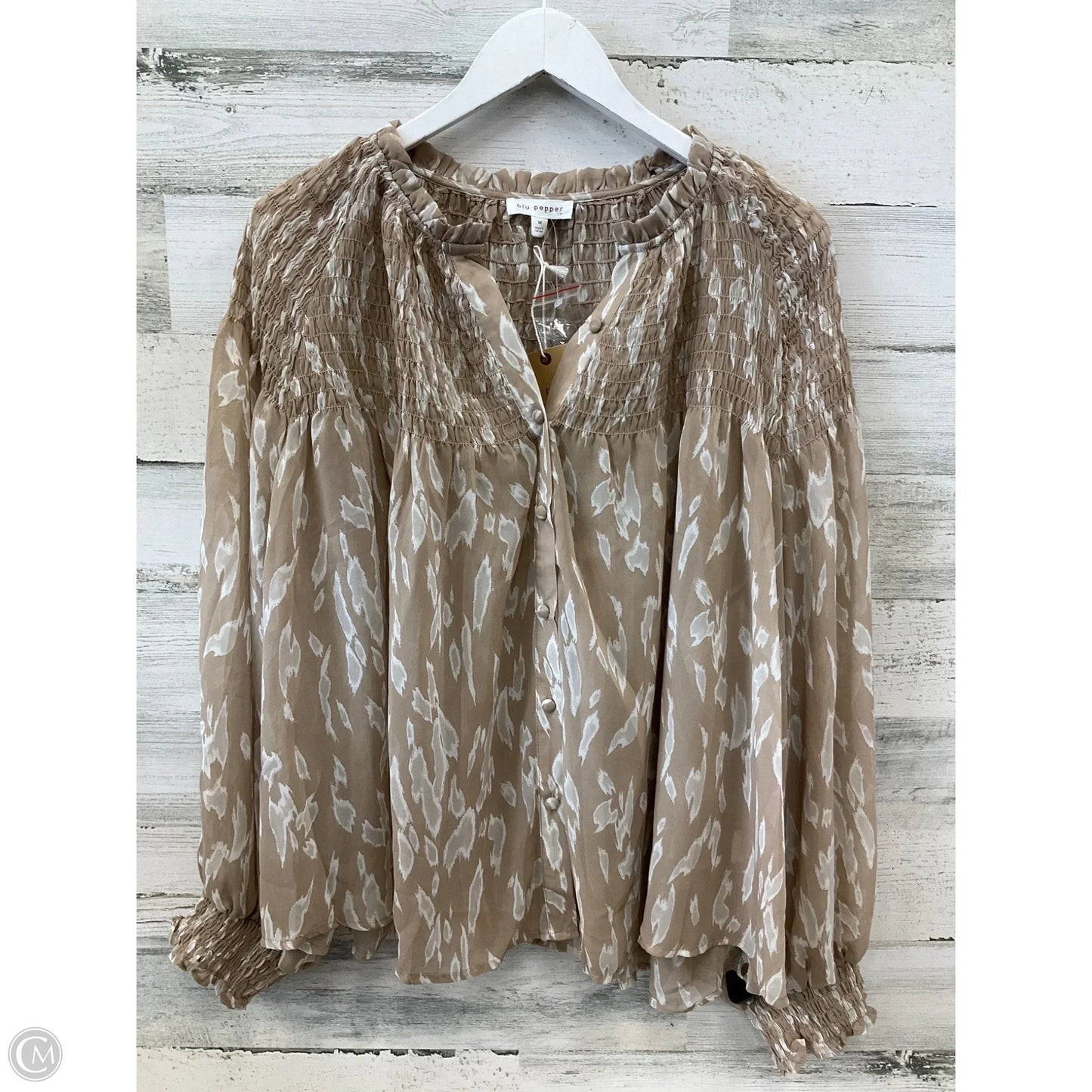 Top Long Sleeve By Blu Pepper In Tan, Size: M
