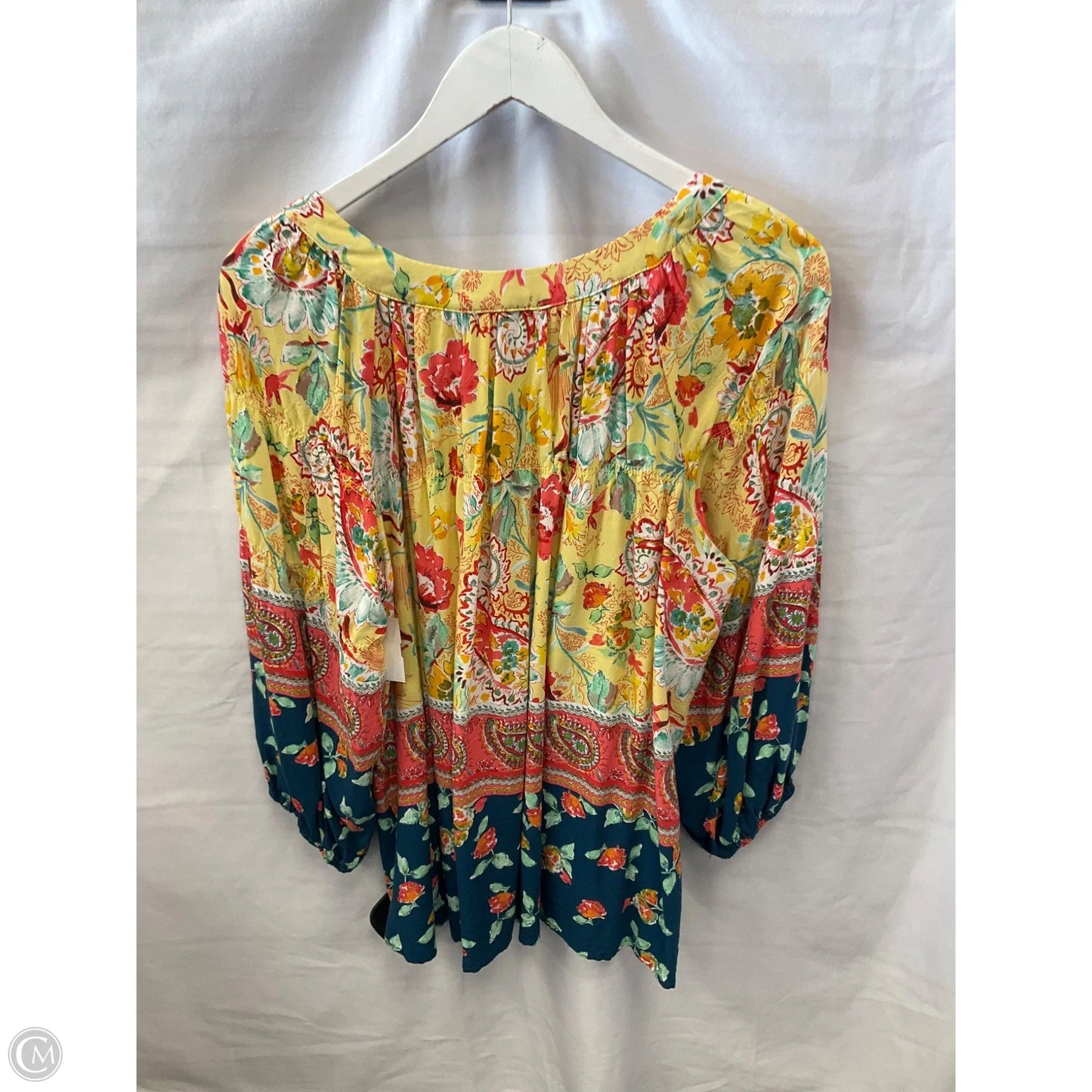 Top 3/4 Sleeve By Figuero & Flower In Blue & Yellow, Size: L