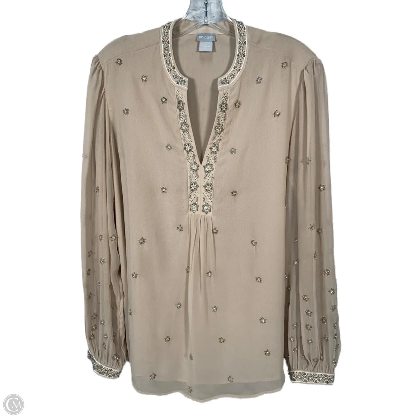 Blouse Long Sleeve By Chicos In Tan, Size: L