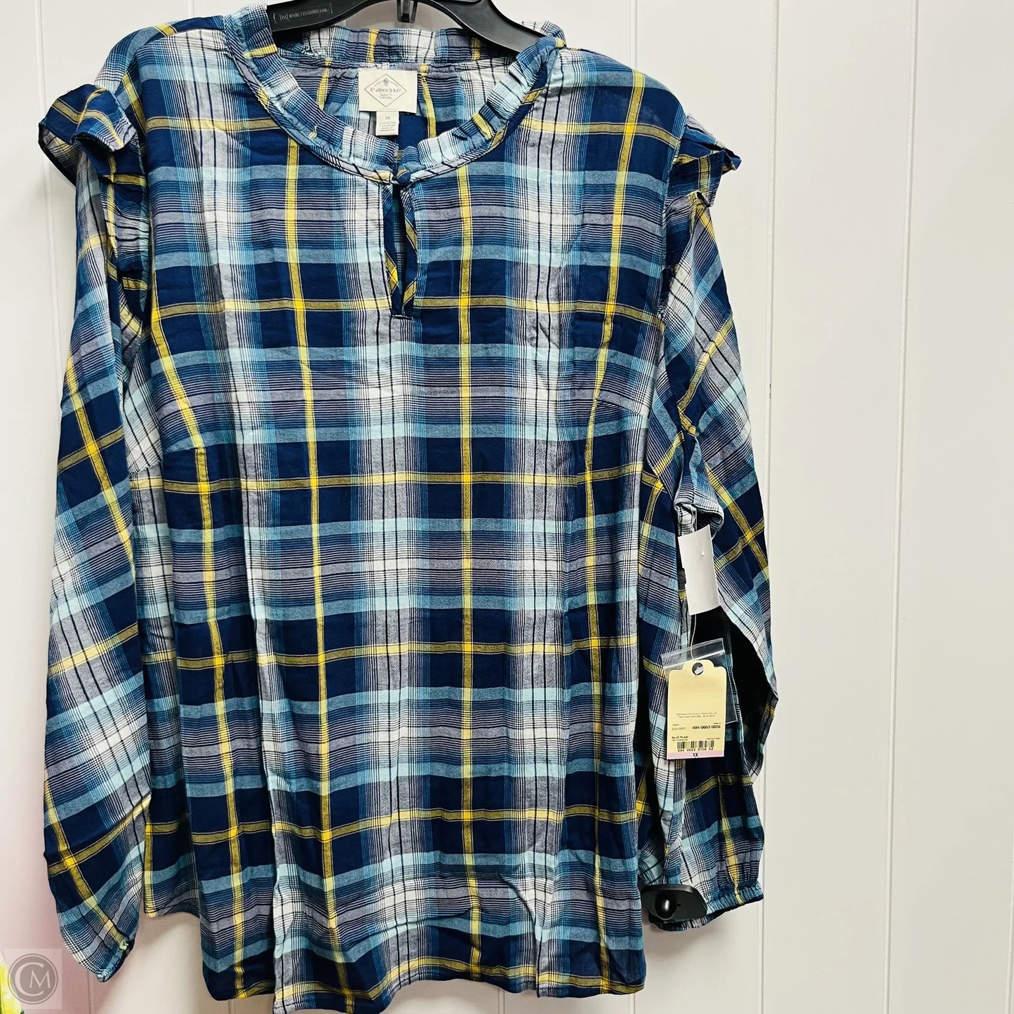 Top Long Sleeve By St Johns Bay In Blue & Yellow, Size: 1x