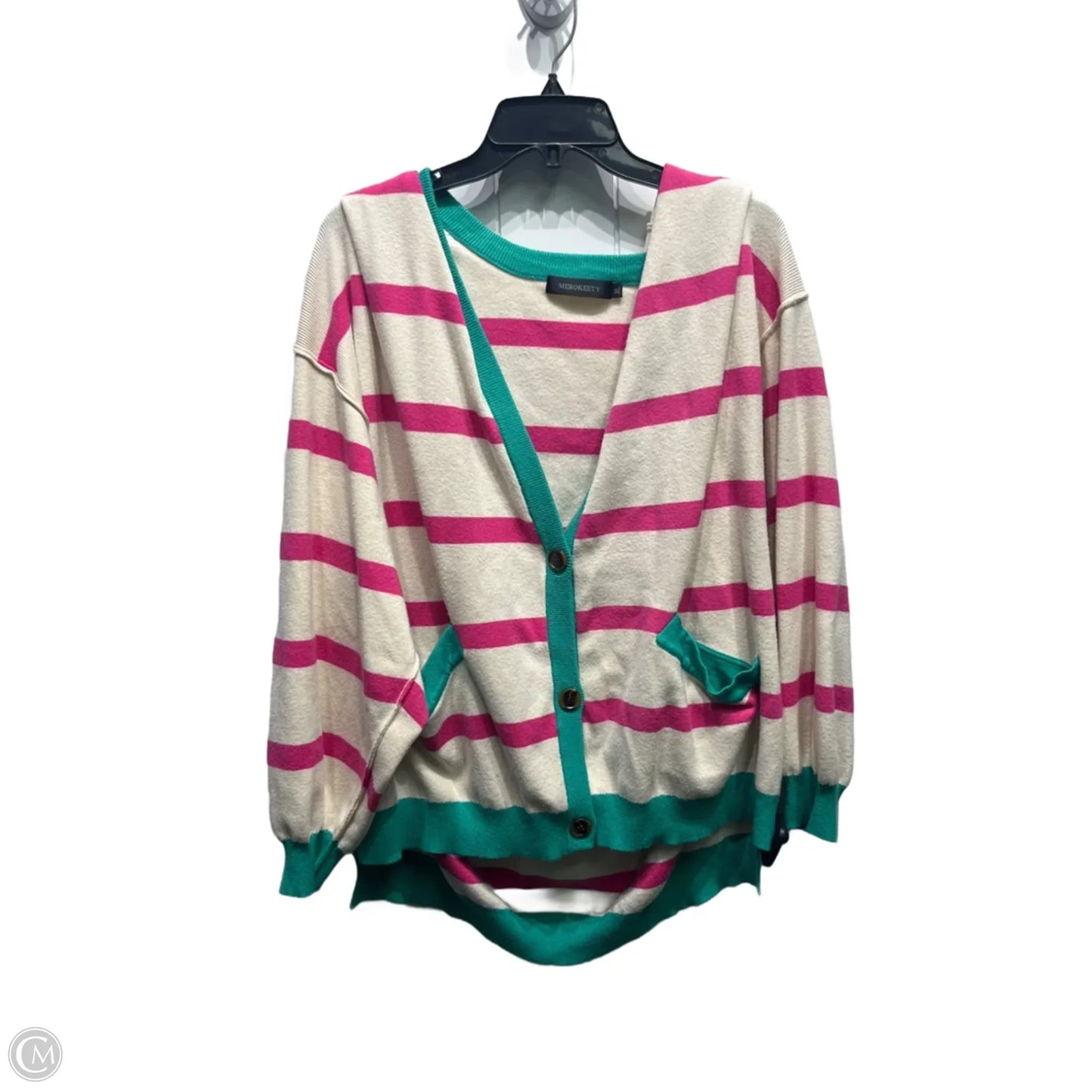 Sweater Cardigan By Merokeety In Green & Pink, Size: Xl