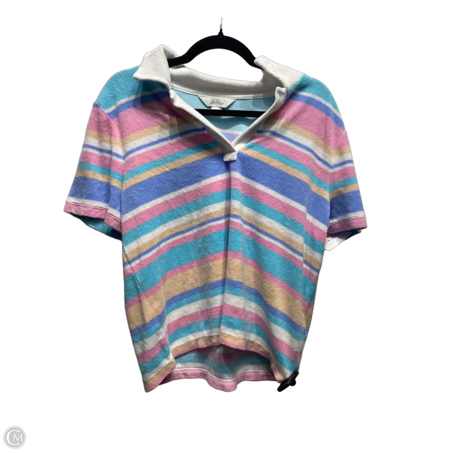 Top Short Sleeve Designer By Lilly Pulitzer In Blue & Pink, Size: L