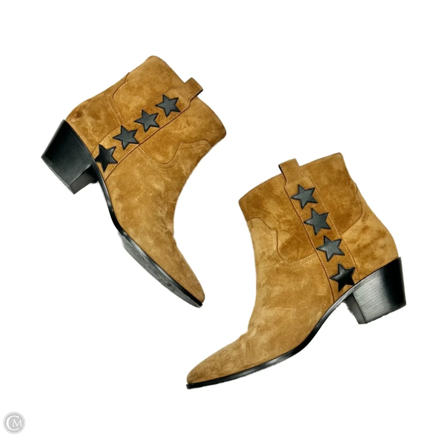 Boots Luxury Designer By Yves Saint Laurent In Black & Tan, Size: 8