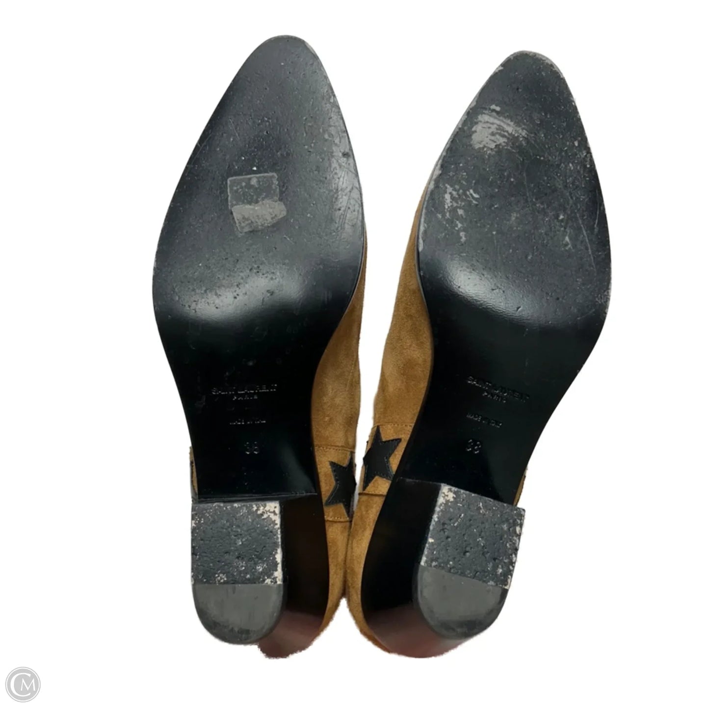 Boots Luxury Designer By Yves Saint Laurent In Black & Tan, Size: 8