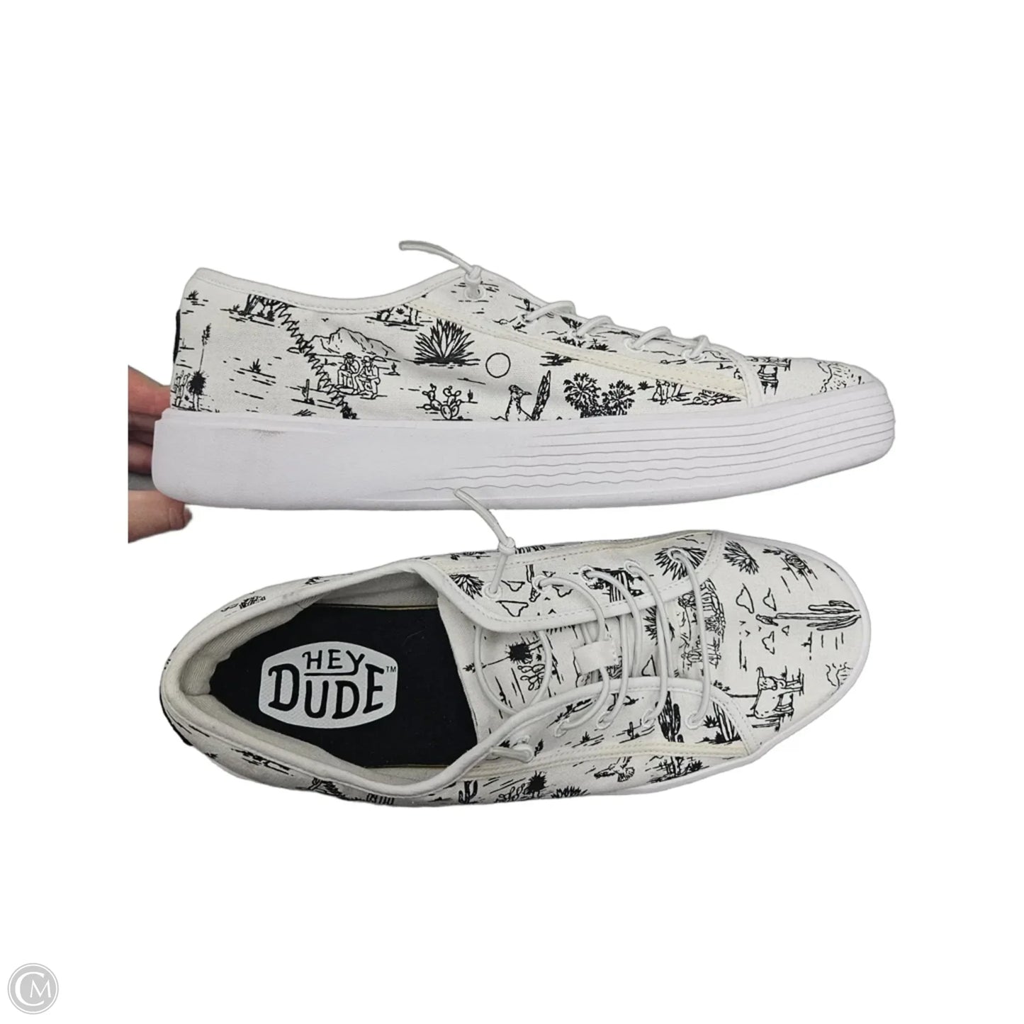 Shoes Sneakers By Hey Dude In Black & Cream, Size: 12.5