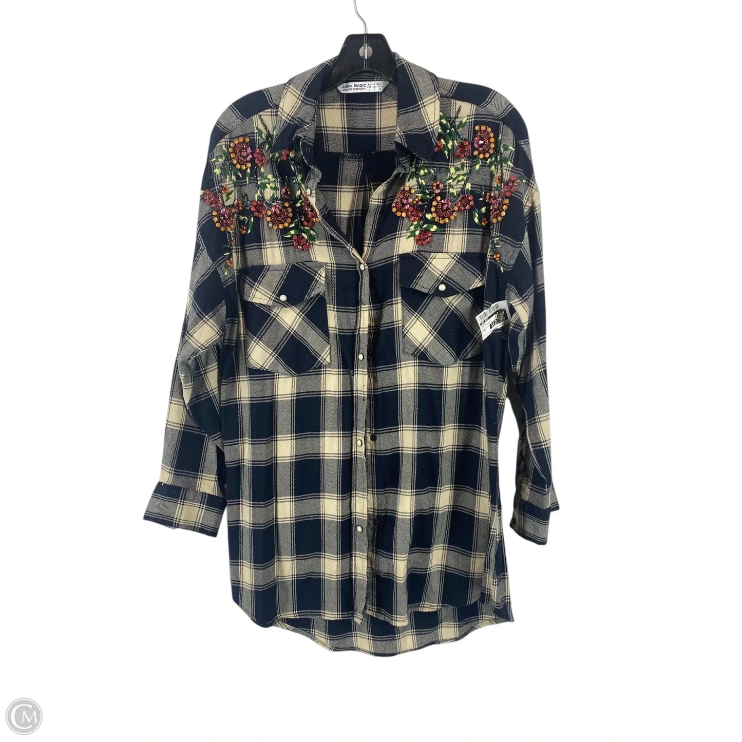 Top Long Sleeve By Zara Basic In Plaid Pattern, Size: S