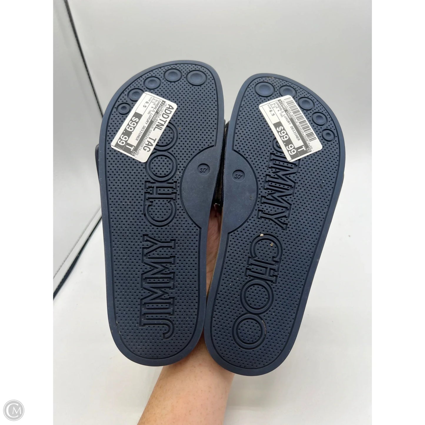 Sandals Luxury Designer By Jimmy Choo In Blue & Tan, Size: 6.5