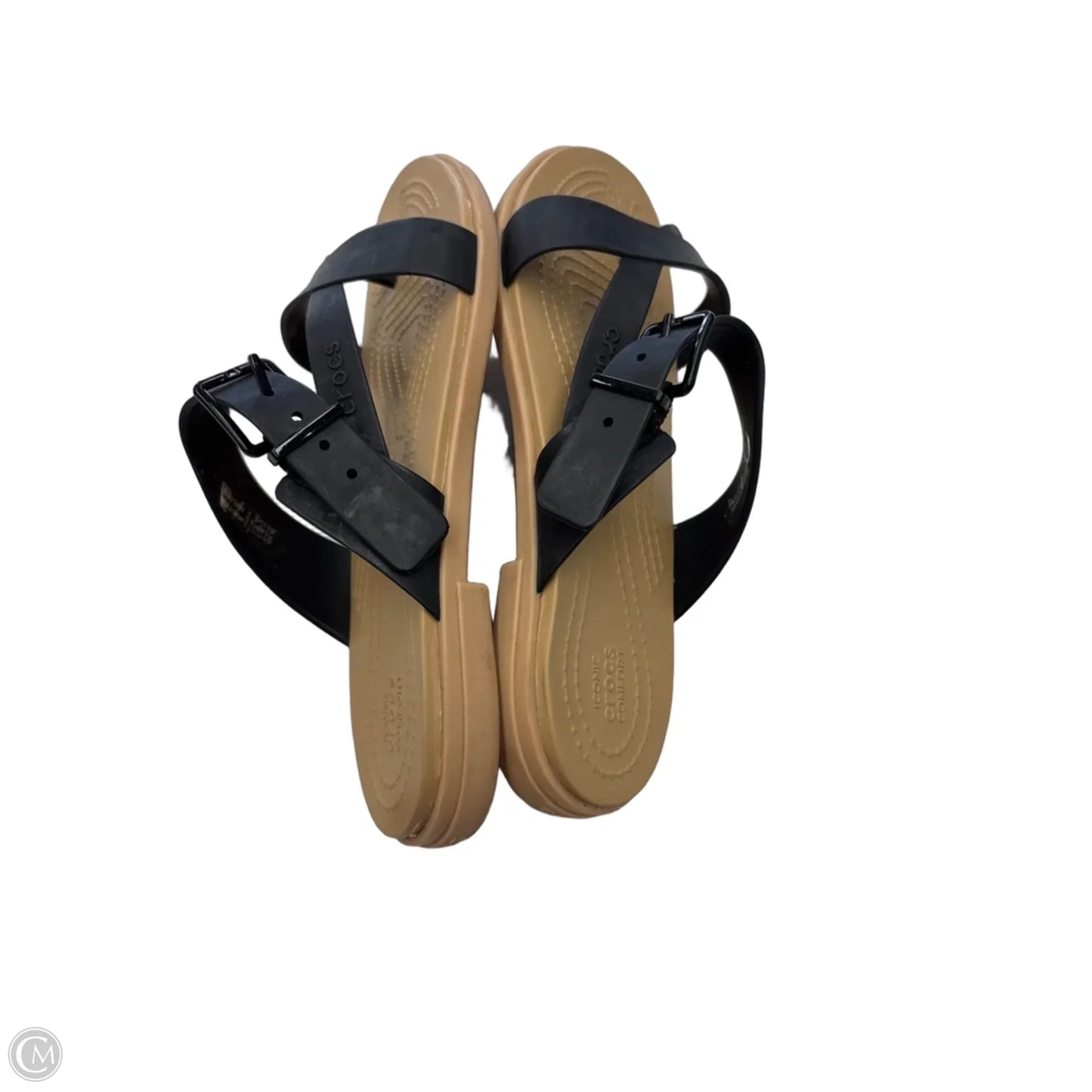 Sandals Flats By Crocs In Black & Tan, Size: 6