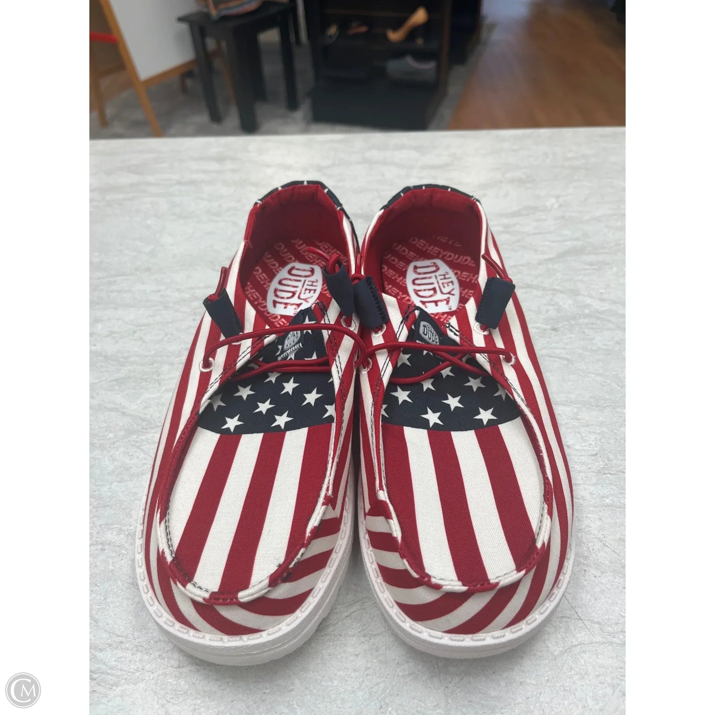 Shoes Flats By Hey Dude In Blue & Red & White, Size: 7