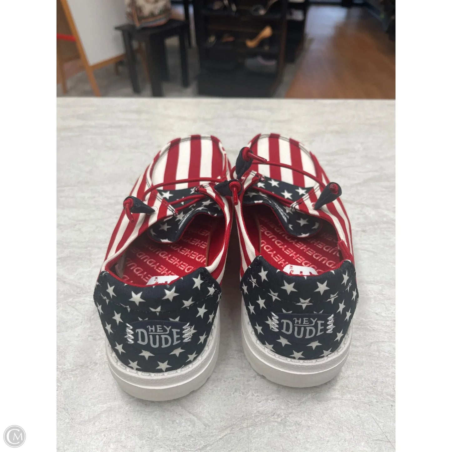 Shoes Flats By Hey Dude In Blue & Red & White, Size: 7