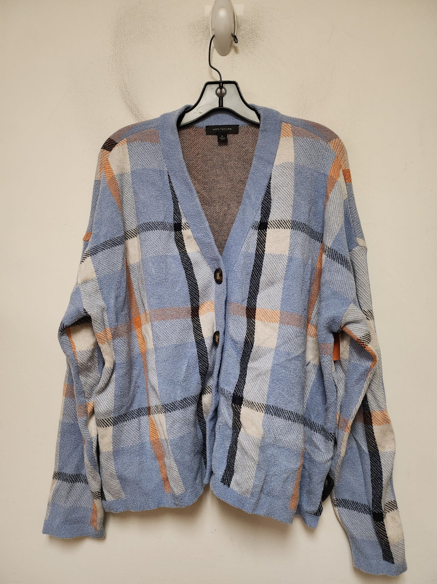 Sweater Cardigan By Ann Taylor In Plaid Pattern, Size: Xl