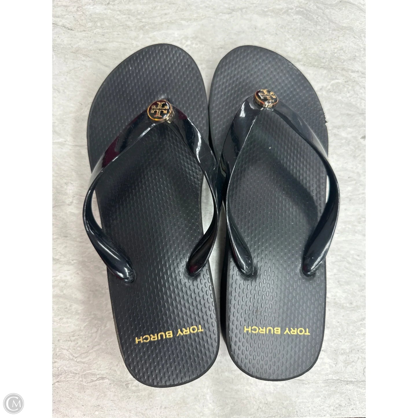 Sandals Designer By Tory Burch In Black & Gold, Size: 6.5