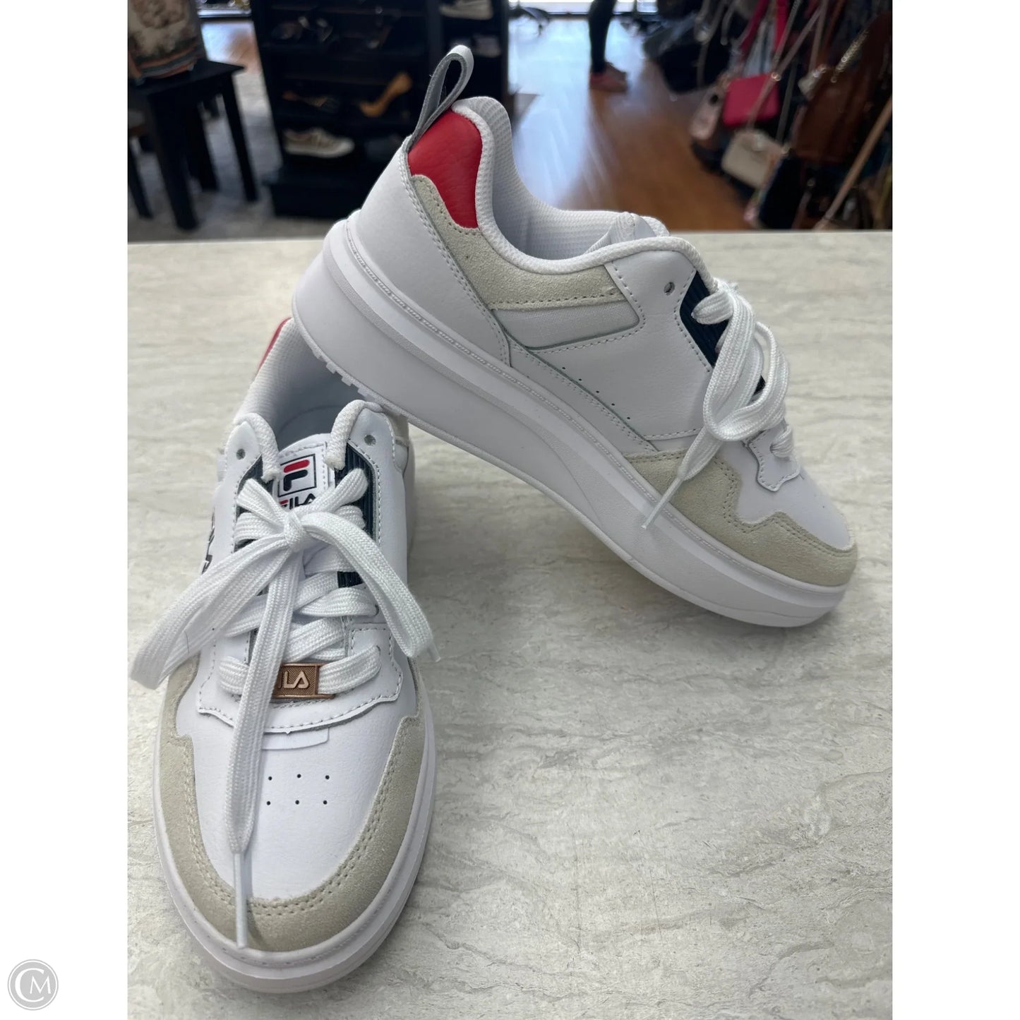 Shoes Sneakers By Fila In White & Yellow, Size: 7.5