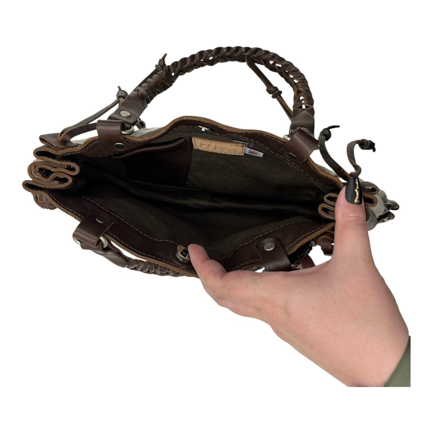 Handbag Leather By Clothes Mentor In Brown & Cream, Size:Medium