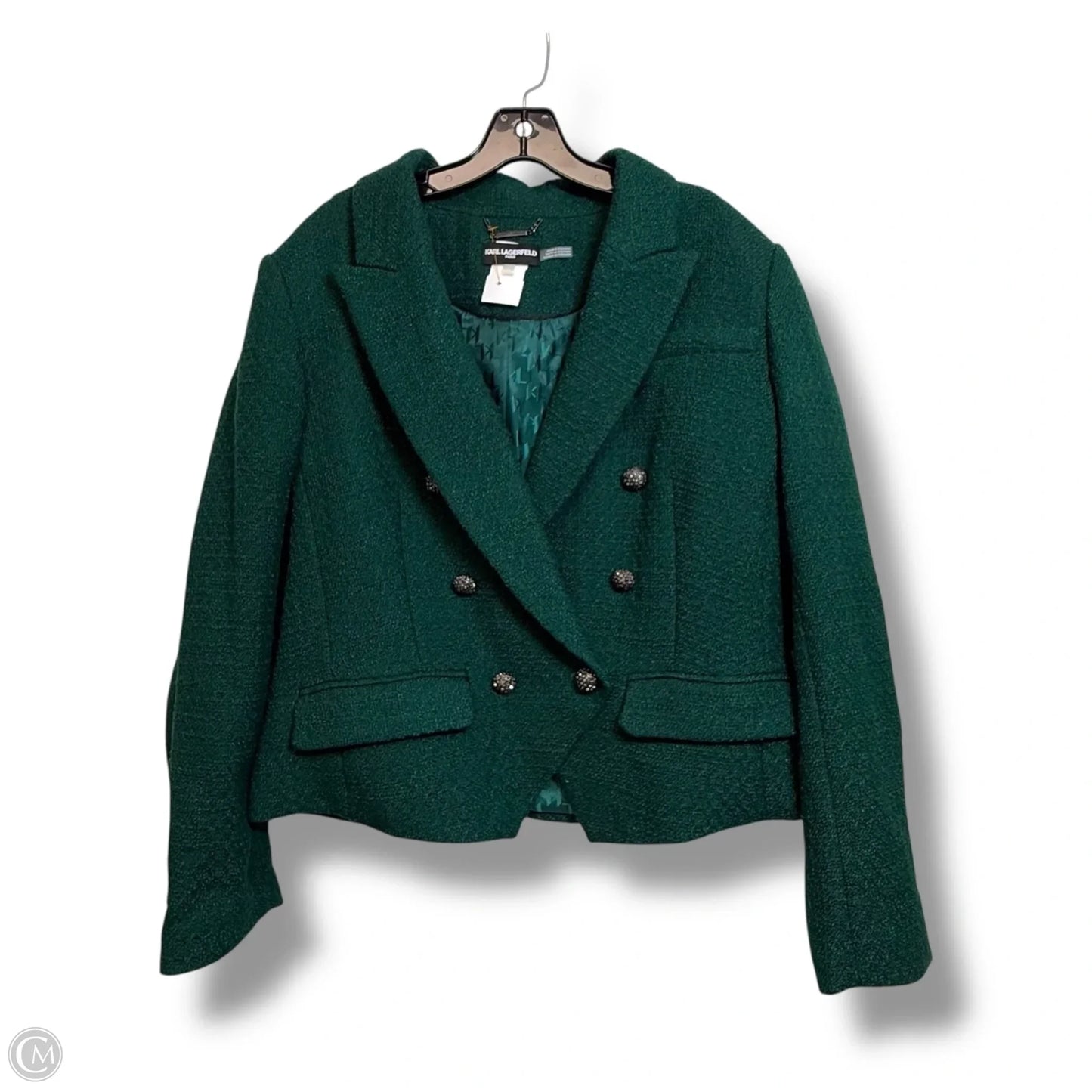 Tweed Double Breasted Blazer Designer By Karl Lagerfeld In Green, Size: 16