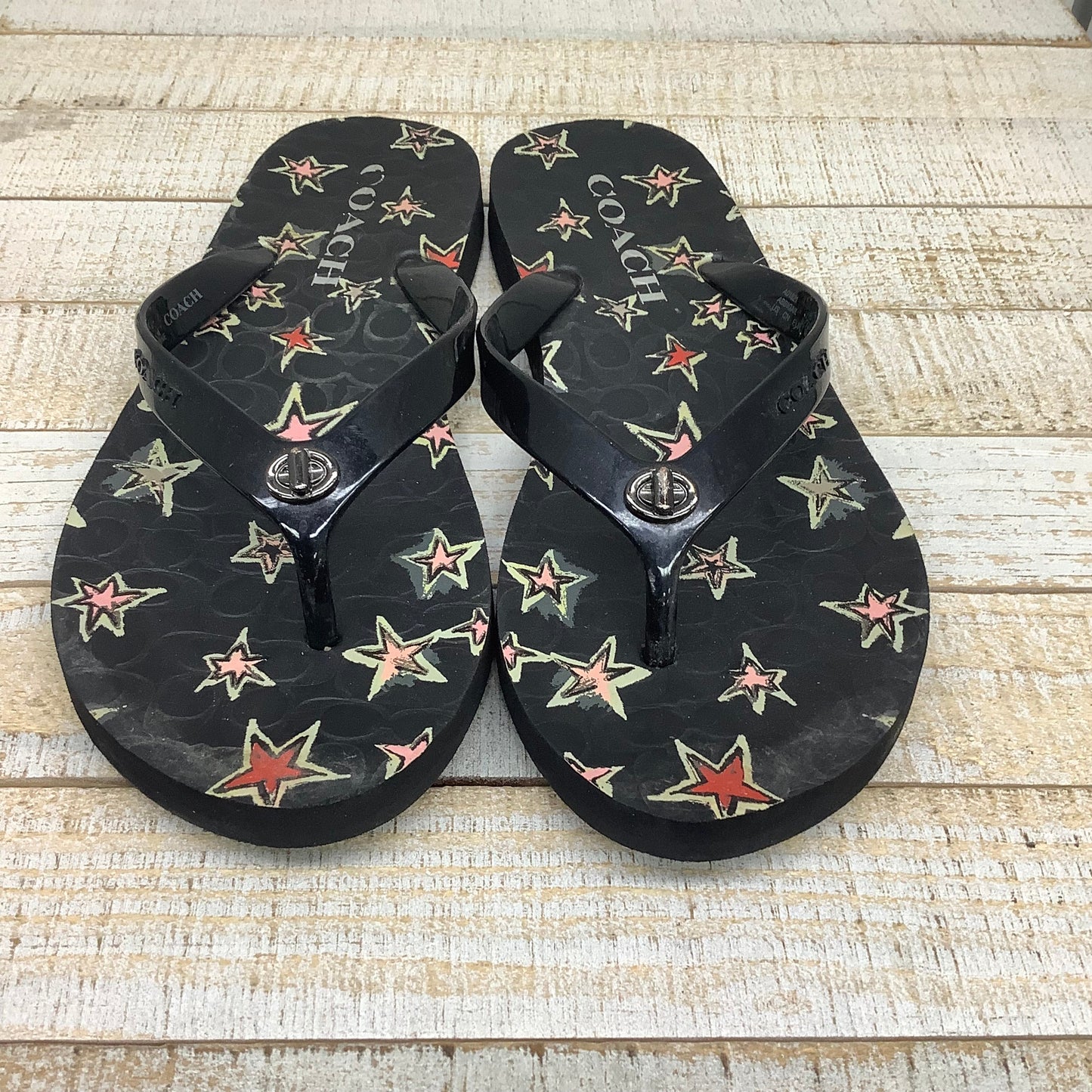 Black Sandals Flip Flops designer by Coach, Size 6