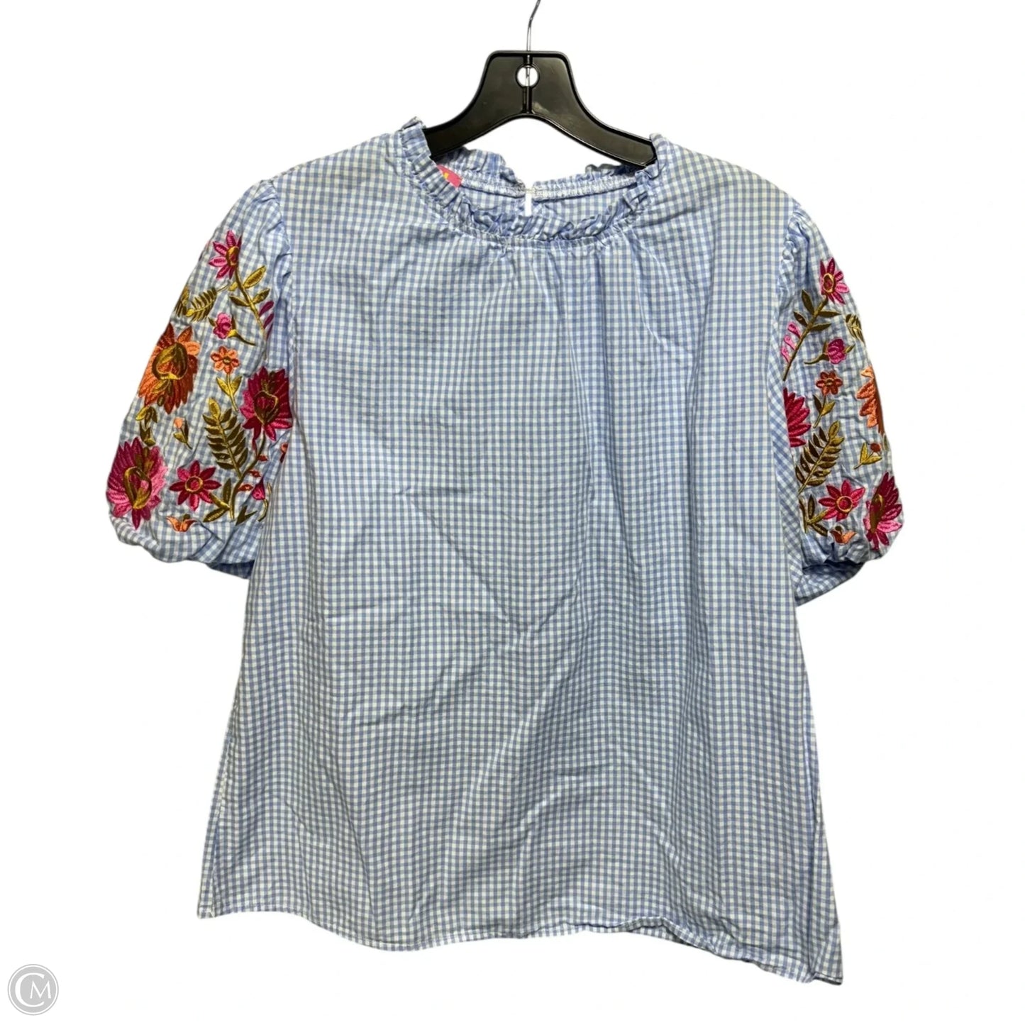Gingham Floral Embroidered Puff Sleeve Top Short Sleeve By Thml In Checkered Pattern, Size: M