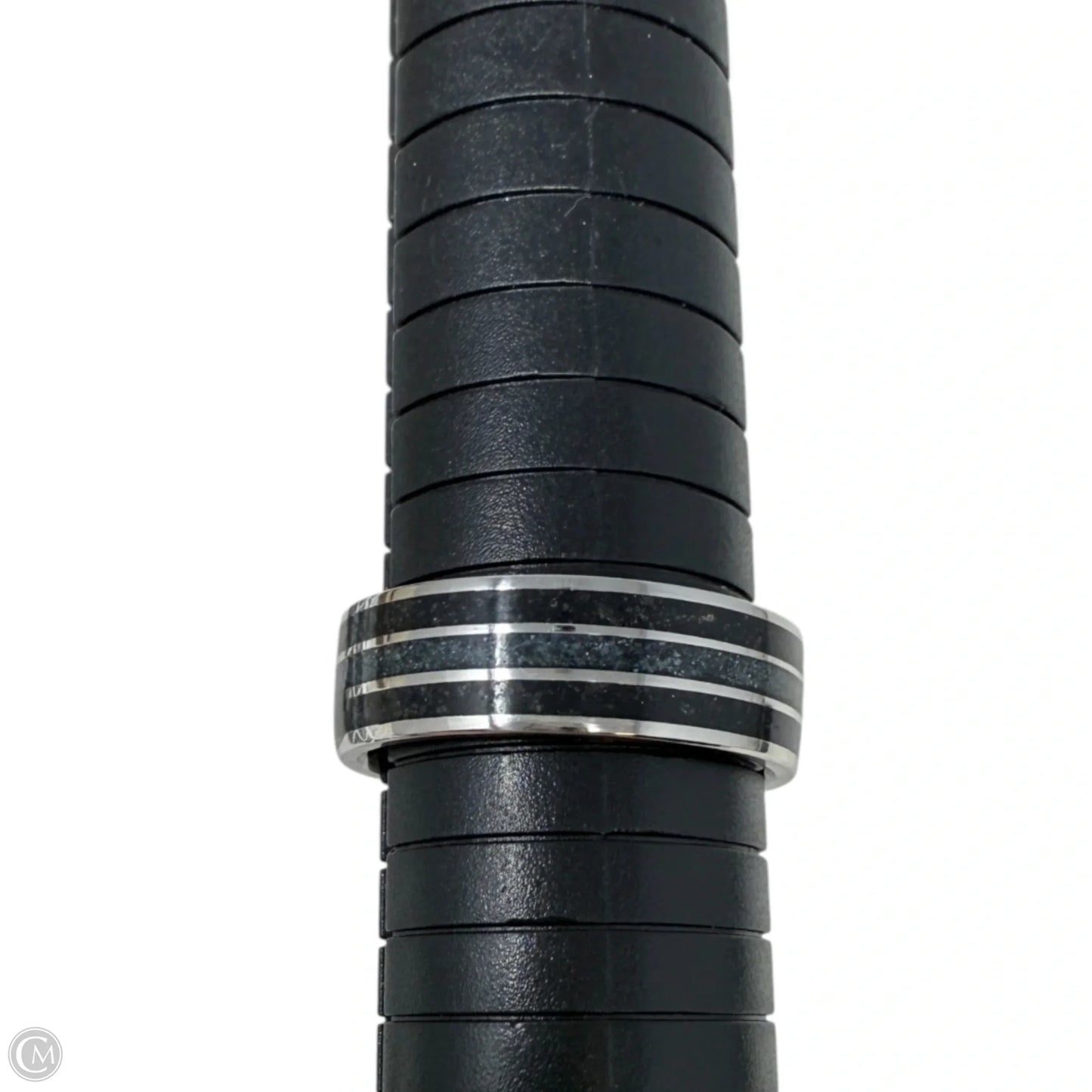 Crushed Black Quartz Triple Inlay Band Ring, Size: 12