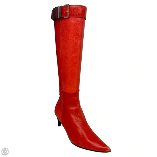 Vintage Circa ‘00 Leather Buckle Detail Kitten Heel Tall Boots Luxury Designer By Bottega Veneta In Red, Size: 6.5