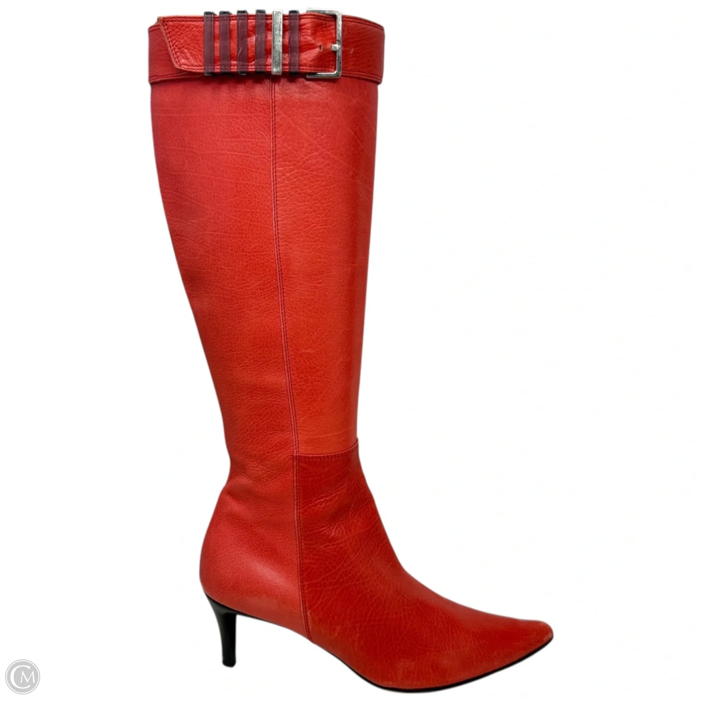 Vintage Circa ‘00 Leather Buckle Detail Kitten Heel Tall Boots Luxury Designer By Bottega Veneta In Red, Size: 6.5
