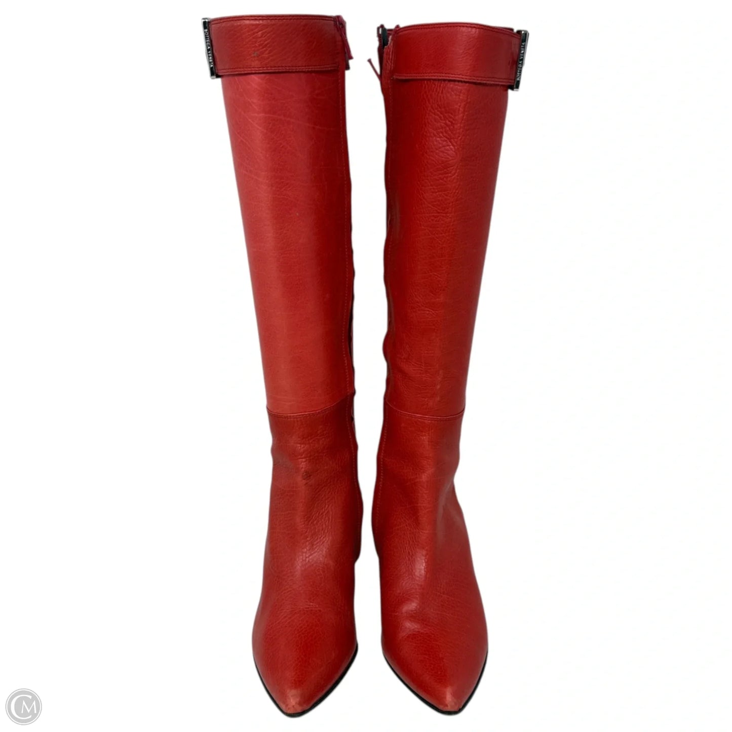 Vintage Circa ‘00 Leather Buckle Detail Kitten Heel Tall Boots Luxury Designer By Bottega Veneta In Red, Size: 6.5