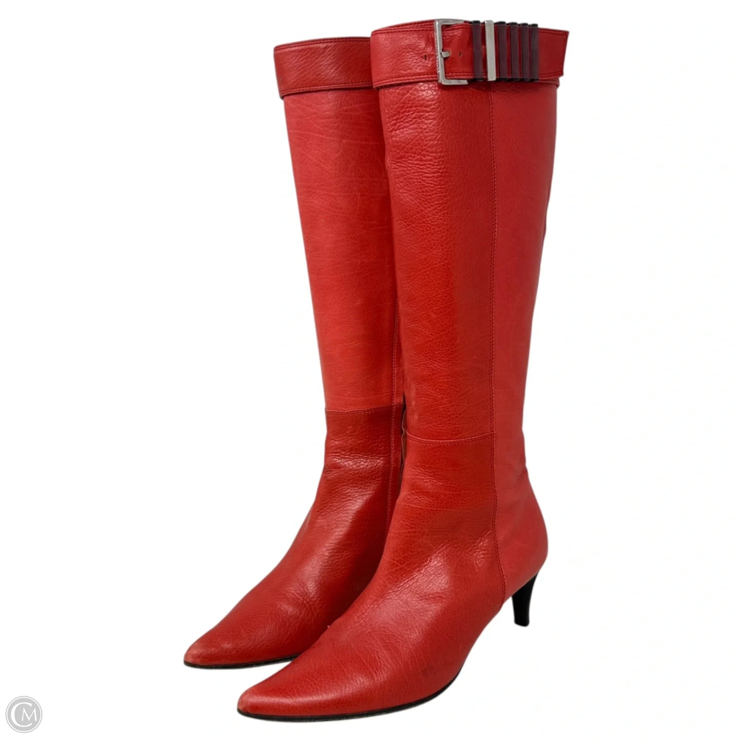 Vintage Circa ‘00 Leather Buckle Detail Kitten Heel Tall Boots Luxury Designer By Bottega Veneta In Red, Size: 6.5