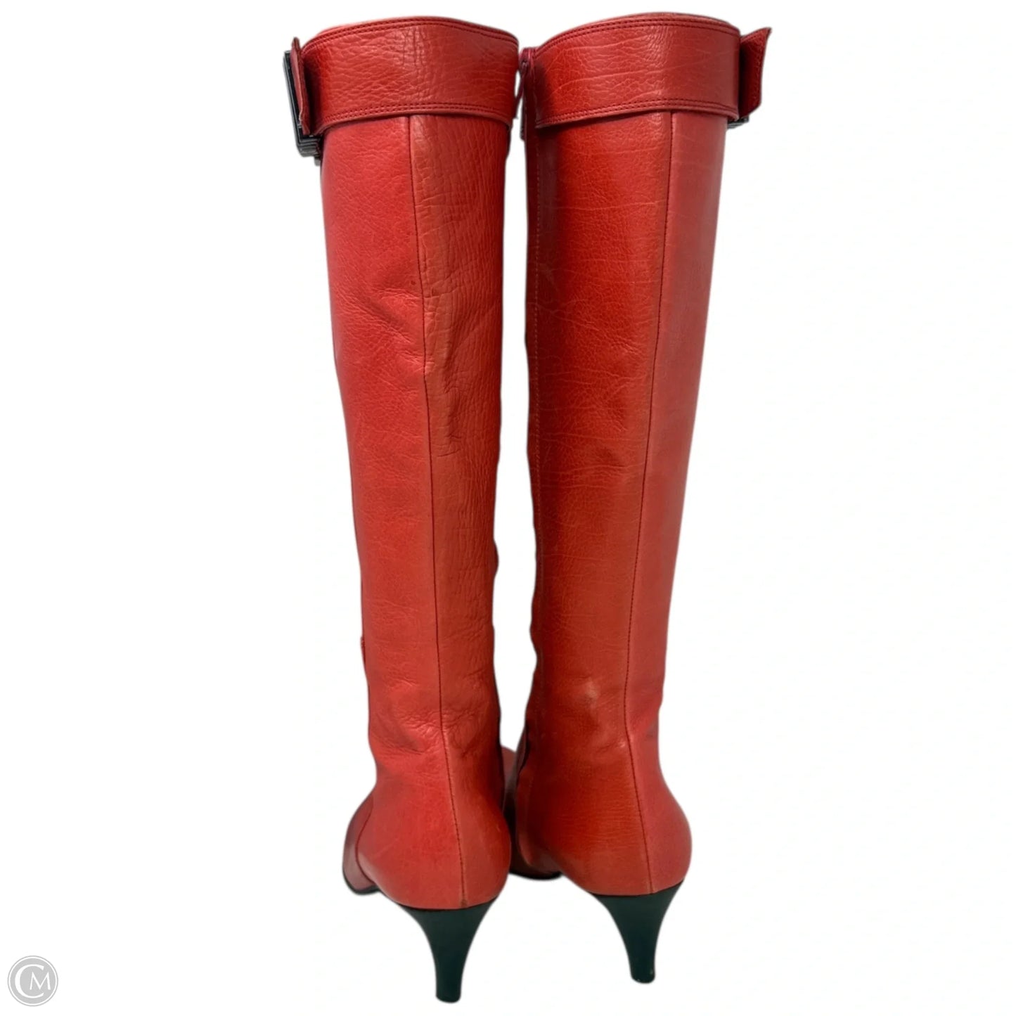 Vintage Circa ‘00 Leather Buckle Detail Kitten Heel Tall Boots Luxury Designer By Bottega Veneta In Red, Size: 6.5
