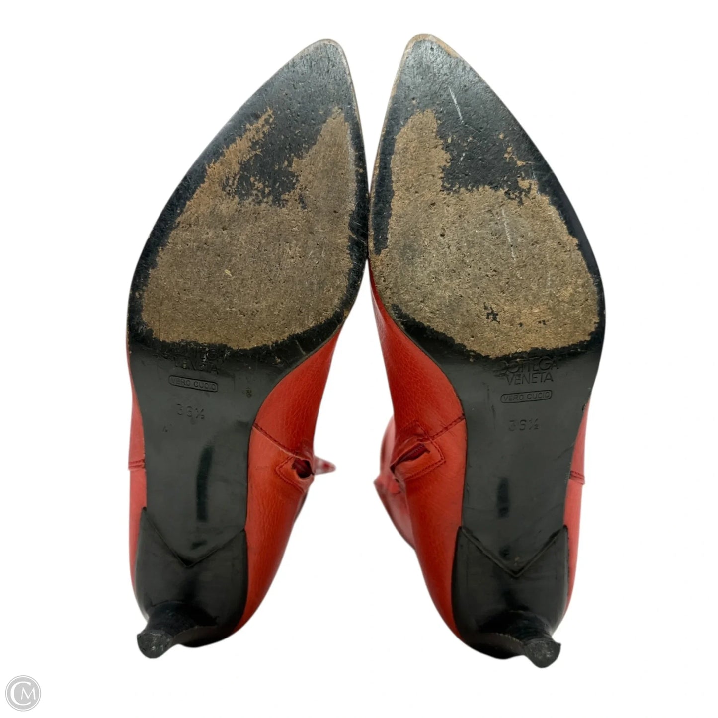 Vintage Circa ‘00 Leather Buckle Detail Kitten Heel Tall Boots Luxury Designer By Bottega Veneta In Red, Size: 6.5