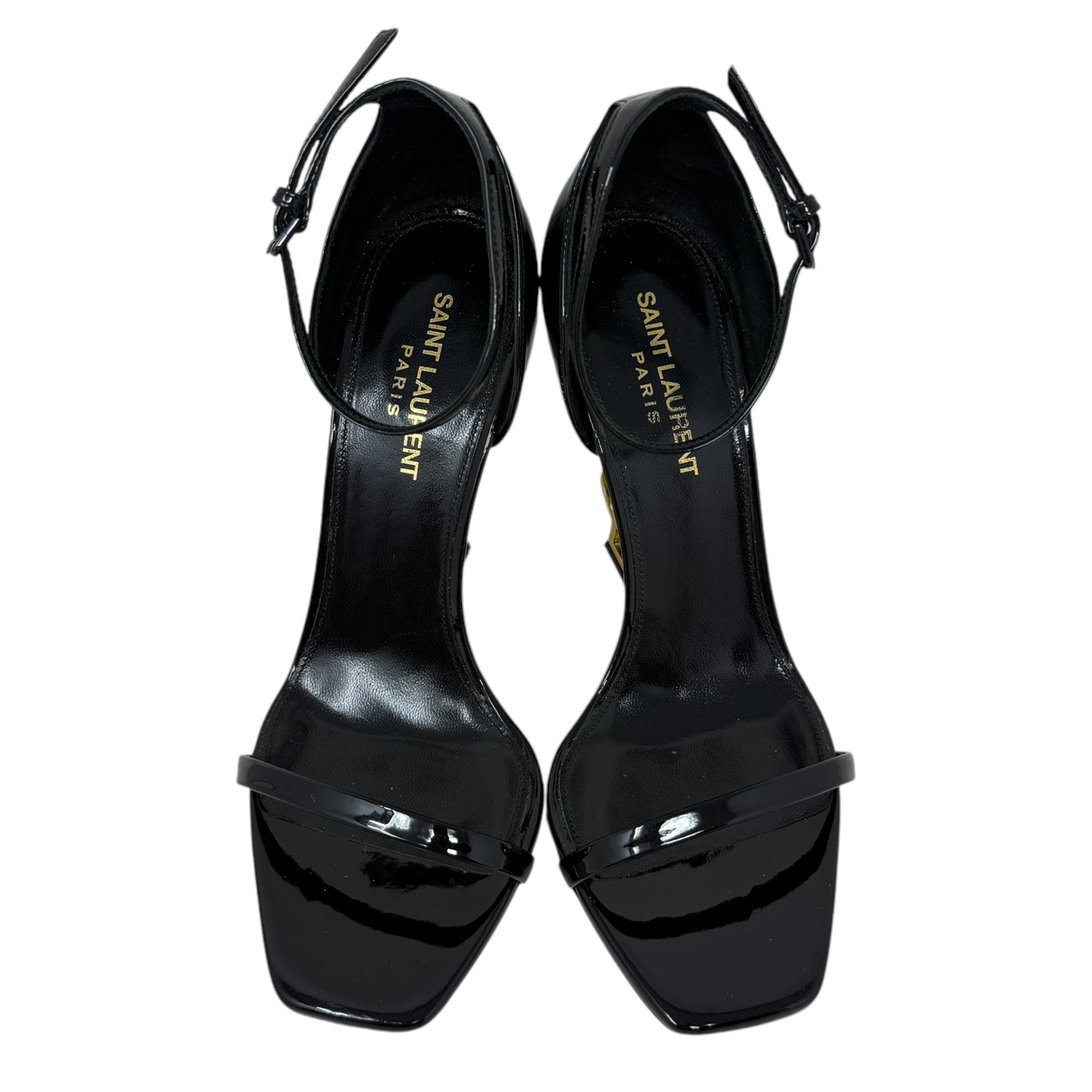 Opyum 110 Cassandre Heel Sandals Luxury Designer By Yves Saint Laurent In Black & Gold, Size: US 8/IT 38