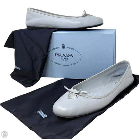 Nappa Lambskin Leather Bow Ballerina Flats Luxury Designer By Prada In Cornflower (Fiordaliso), Size: US 9/IT 39