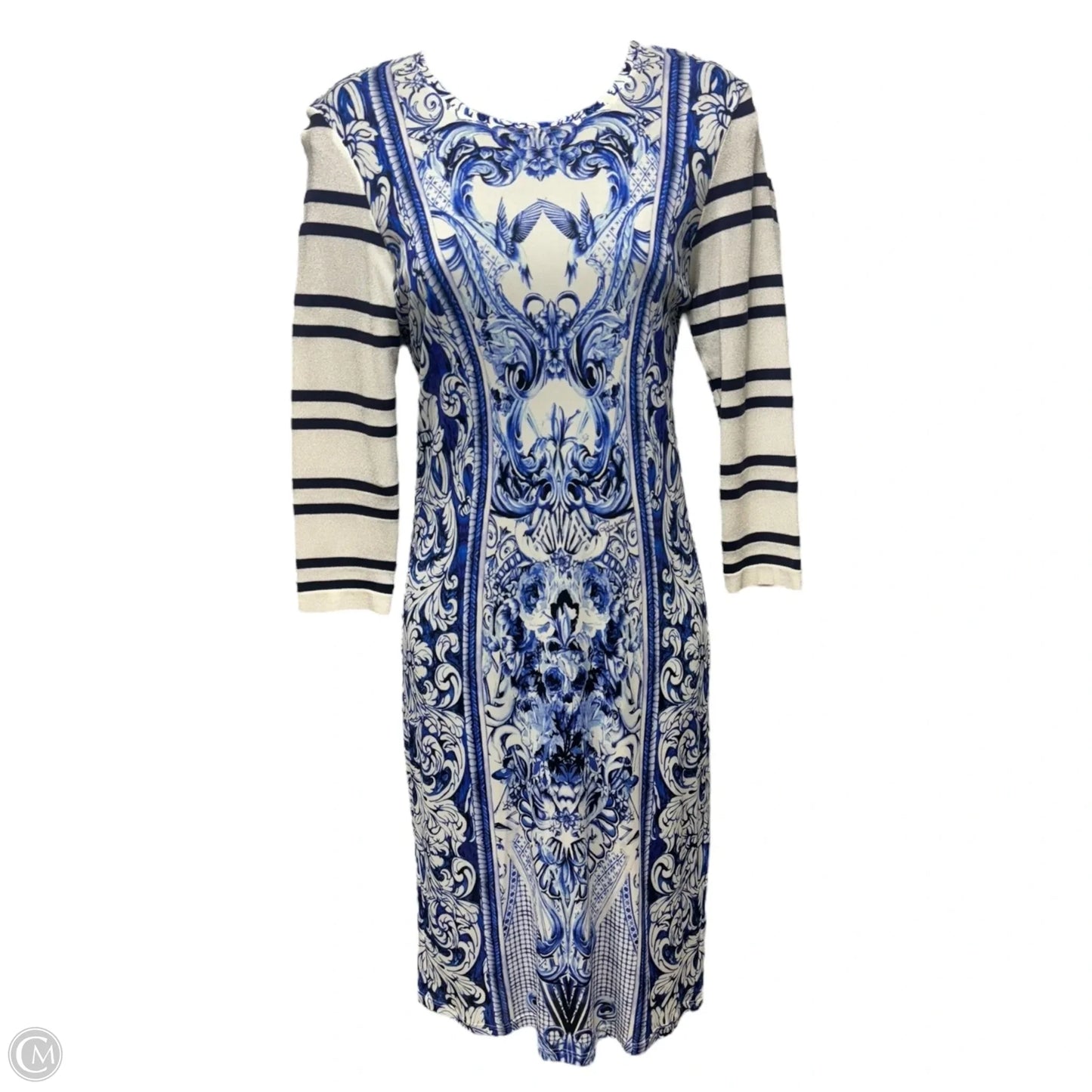2013 Resort Collection Baroque Porcelain Printed Shift Dress Designer By Roberto Cavalli In Blue & White, Size: 6