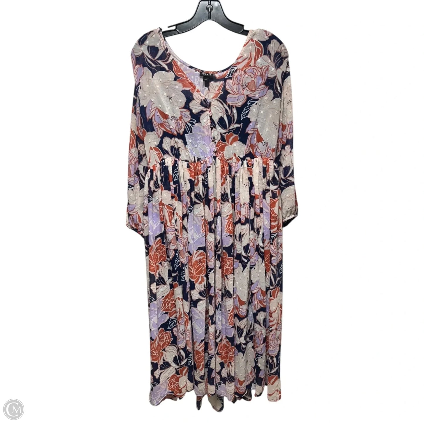 Navy Floral Swiss Dot Button Down Tea Length Dress By Torrid In Floral Print, Size: 1X