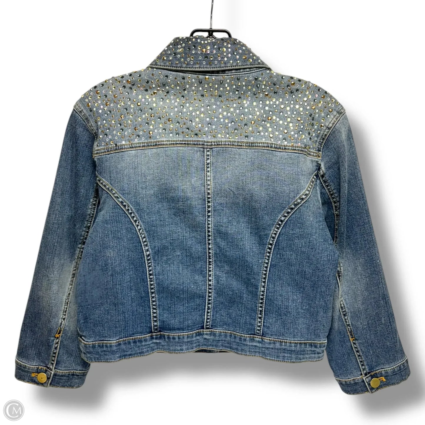 Embellished Cropped Denim Jacket By Chicos Platinum Denim In Blue Denim, Size: M